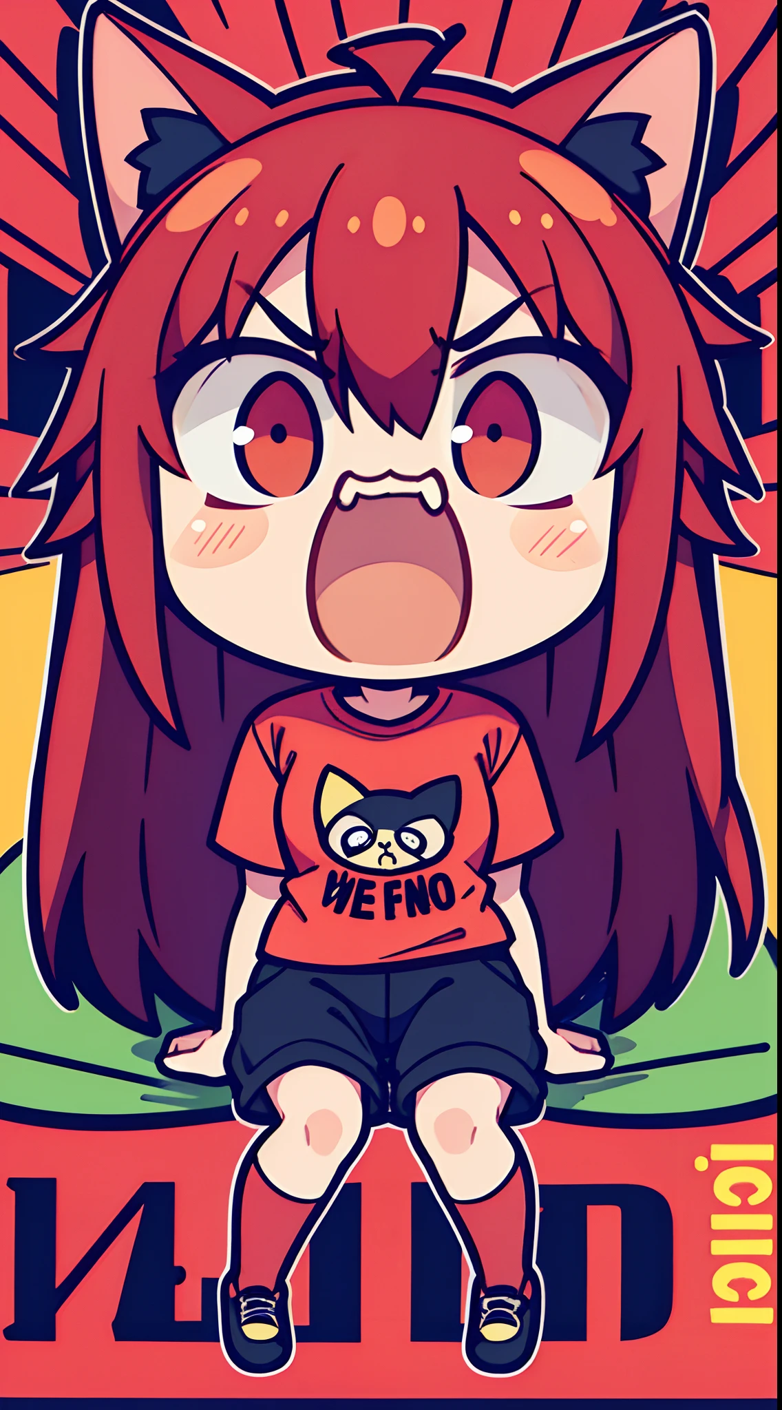(Best Quality,4K,High resolution), 18yo woman, Red mesh hair on black hair, Long hair, Straight hair, cat ear , Comical appearance，Bustling background，astonished face，get angry，big eye，comic strip，animesque，Comical illustration，Look at viewers，Sitting wildly，oversize tshirt，shortpants，Deformed cute illustration