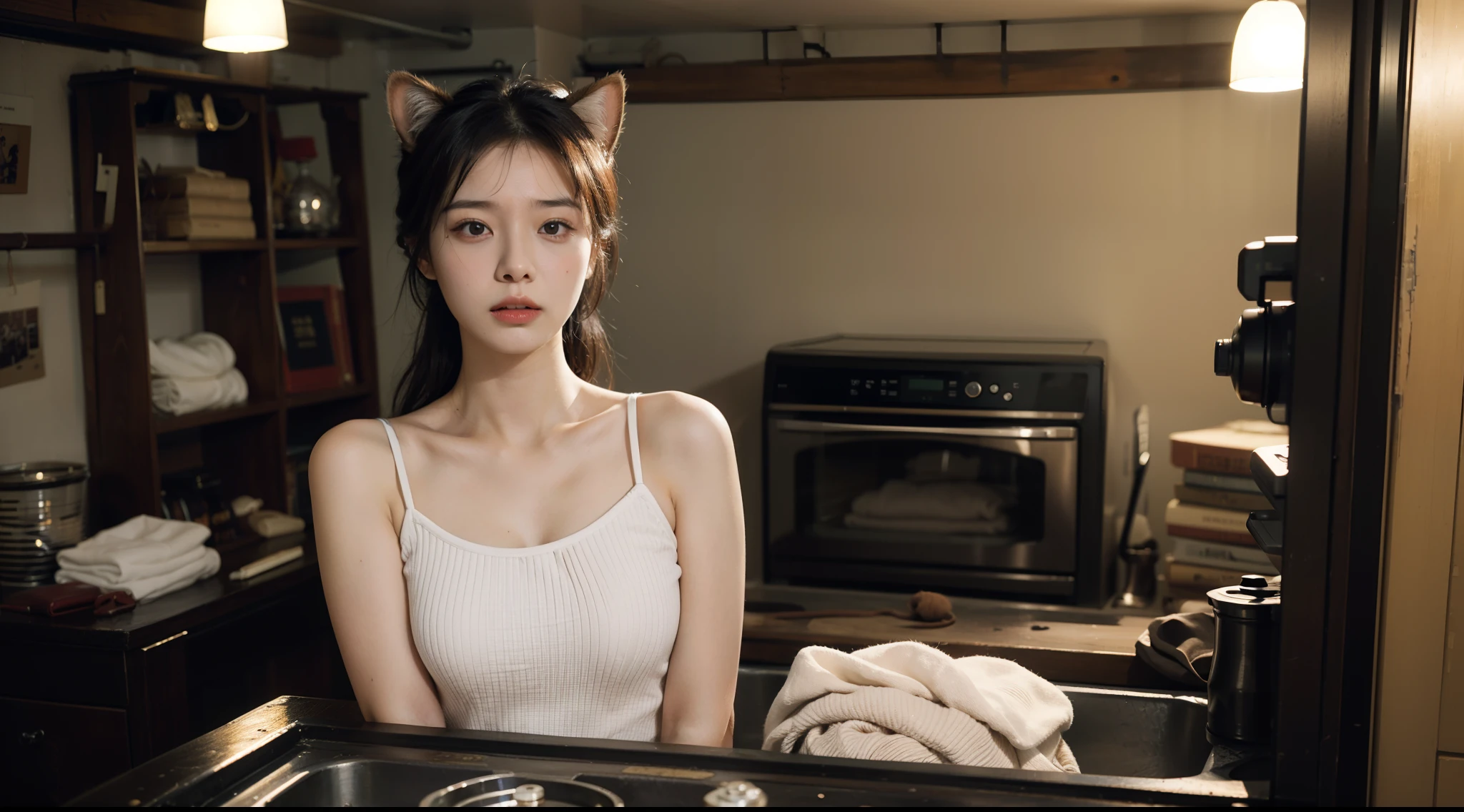 1girll，A masterpiece of Mo You，top-quality，best qualityer，offcial art，Beauty and aesthetics：1.2），（tmasterpiece：1.3）， （8K， realisticlying， RAW photos， best qualtiy： 1.4）， beauitful face， （photorealisti：1.8），超高分辨率， Ultra photo realsisim， highly  detailed， the golden ratio， （with dynamism：1.3），（Saturation：1.3），illusory engine， (High detail: 1.9)，（femele：1.4），（Large breasts），Wasteland，cat ear，look of anguish，torn laundry，Mid-range portrait