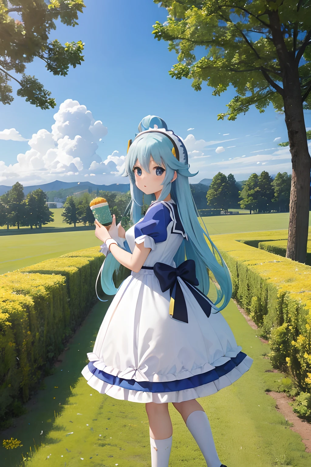 ​masterpiece, top-quality, Princess_aqua_Konosuba, white and pink dress, Black eyes, Light blue long hair、 standingn, (borgar: 1.1), ​​clouds, Rows of yellow ginkgo trees、Near and far law、blue-sky