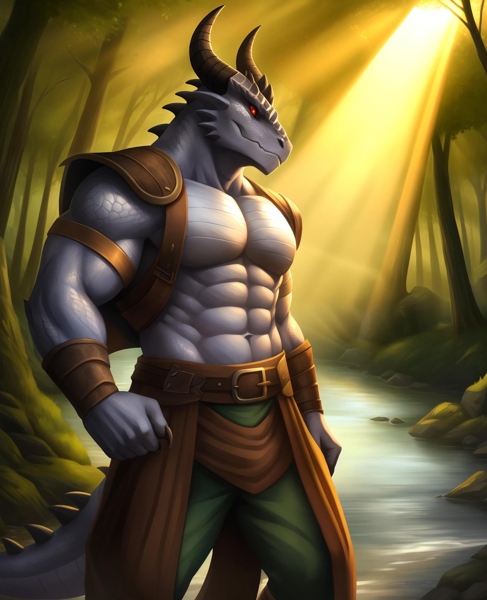 dragonborn \(dnd\), red eyes, scalie, male, horn, detailed white scales, clothed muscular, claws, river, forest 
AND_SALT sunlight :1
AND_SALT god rays :1