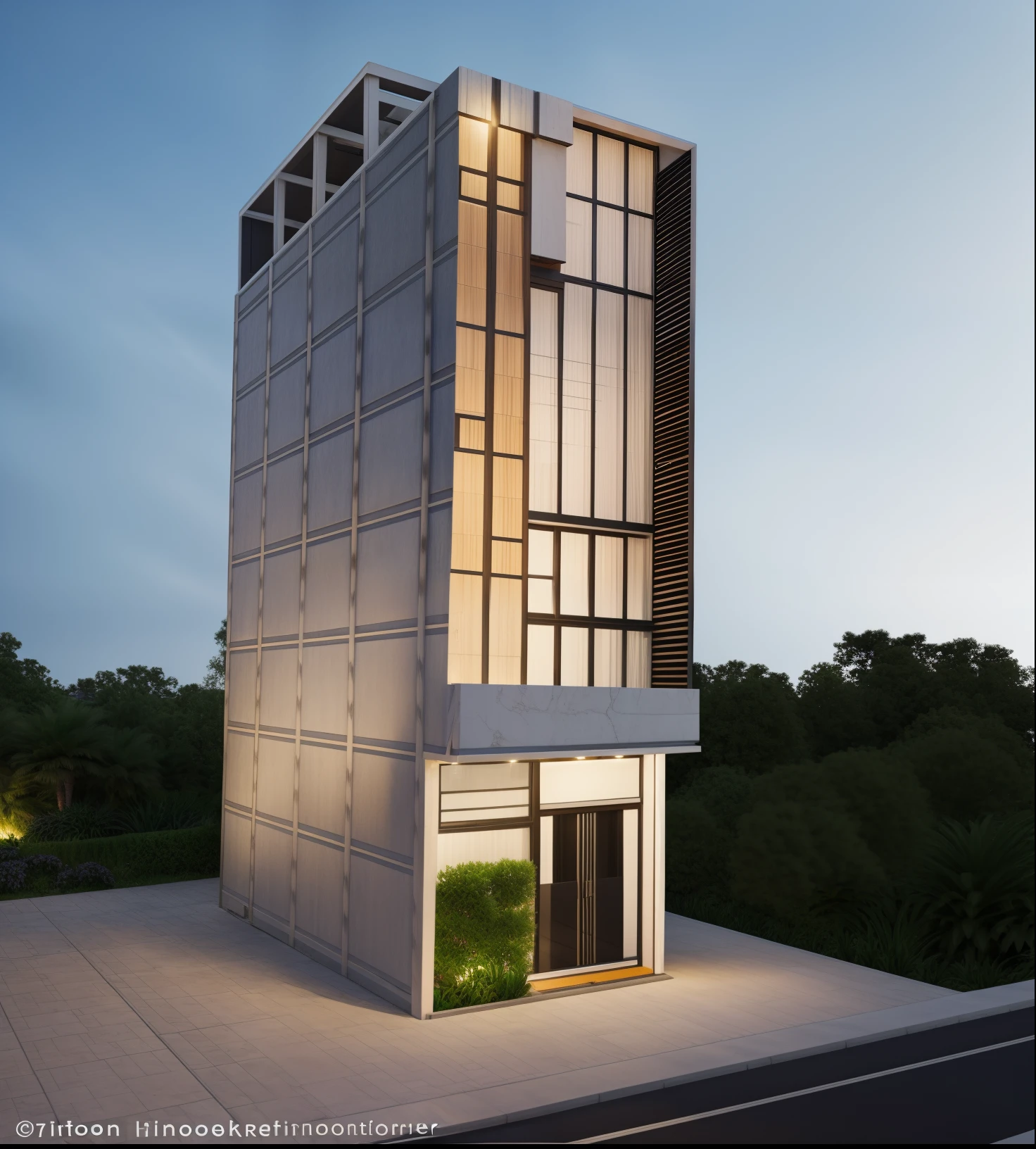 Exterior, morden glass house, white house made by main material are wood and white house and stone, town house, blue sky:1.8, The vertical wall is covered with black stone, large yard, 1 garage, 1 car, 1 road infront of house, dynamic light:1.4, cinematic lighting,((( light from indoor:1.4))), Ornamental daisies, peaceful feel, award-winning architecture, Wet road surface, sky scene after rain, warm interior lights:1.7, shimering sky, Cucumber plants decorate the balcony