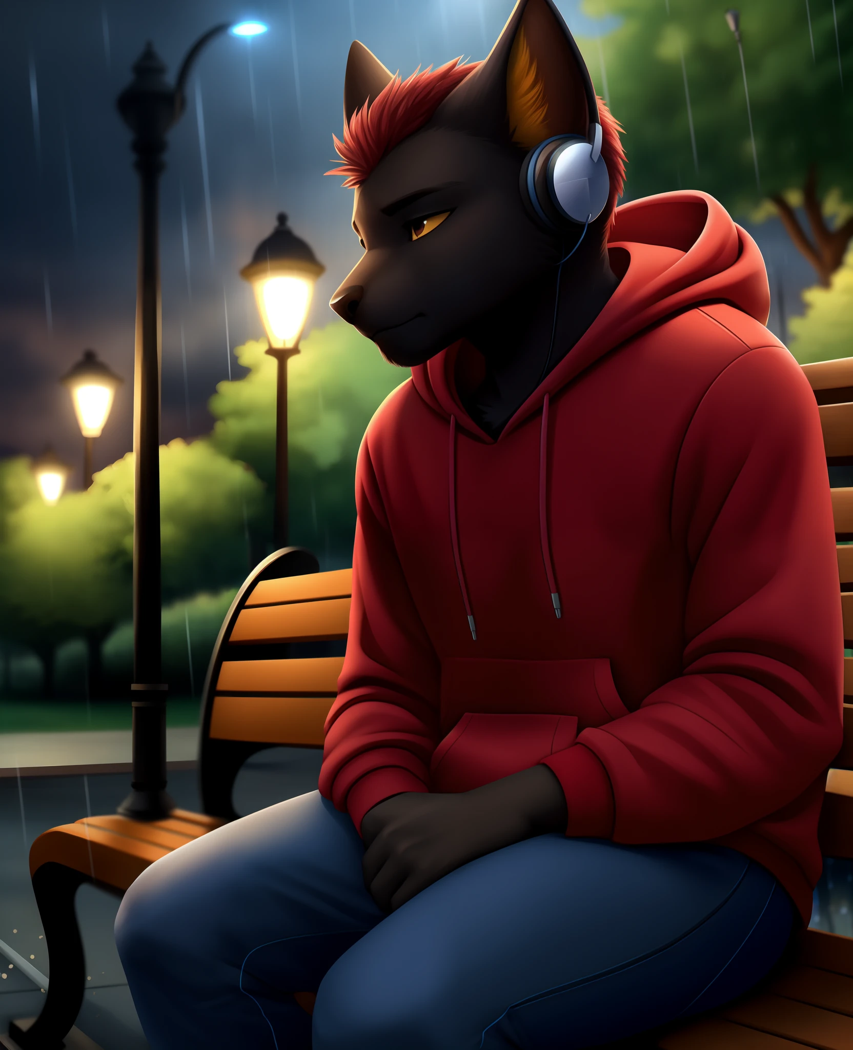 close-up, neferu, 1boy, pants, red hoodie, with earphones, sitting on bench, park, street lamps, raining, thoughtful, male focus, masterpiece, high quality, 4k