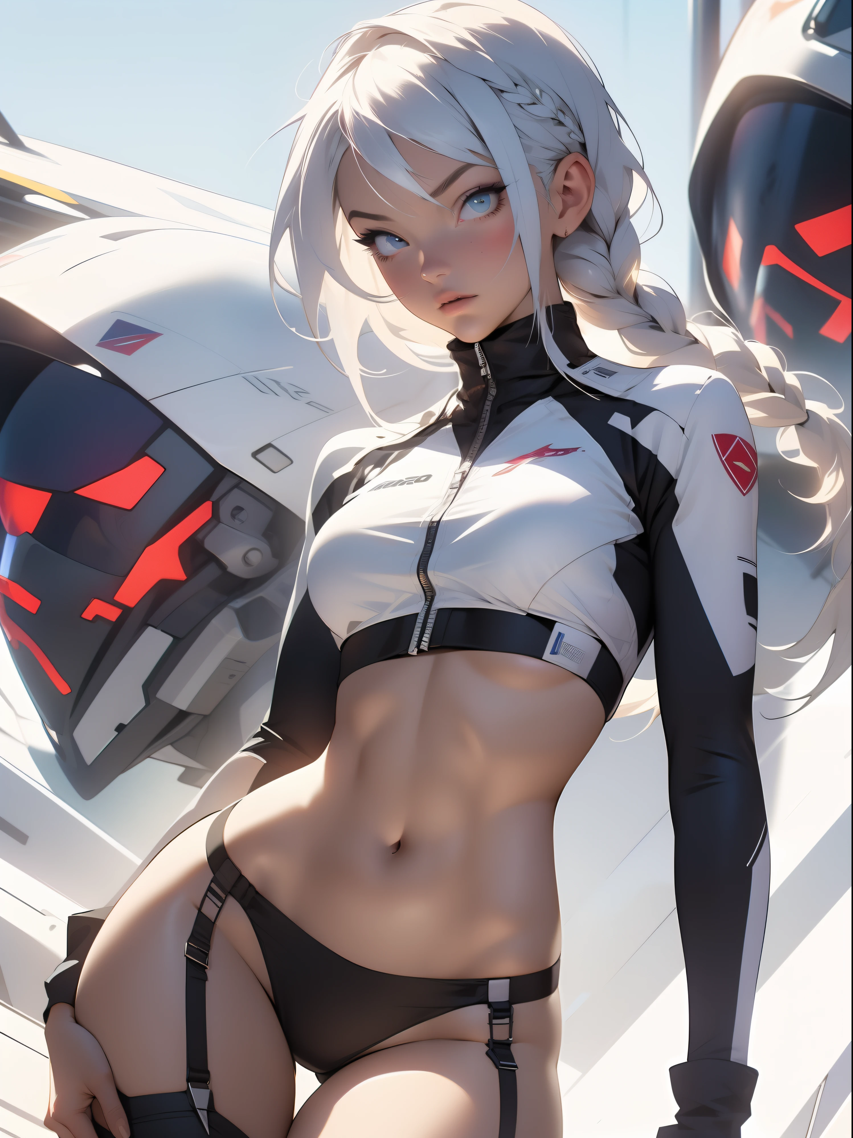 ((Best quality)), ((masterpiece)), (detailed: 1.4), (Absurd), War-ready female fighter pilot with military bikini, Marine, dark skin, defined sculpted body, full body, bare thighs, closed mouth, cyberpunk, semi naked, generous neckline, ((perfect medium breasts)), (super light blue eyes without pupils), (((military camouflage bikini)), (((white hair with braid)))), long eyelashes heavy makeup, garter belt, by mucha, niji --V5, close to real, psychopathic, perfect face, sexy pose, background with a giant head, 2 piece clothing, pastel, centered, scale to fit the dimensions, HDR (High Dynamic Range),Ray Tracing, NVIDIA RTX,Super-Resolution,Unreal 5,Subsurface Dispersion, PBR Texture, exposed belly, Post-processing, Anisotropic filtering, Depth of field, Maximum clarity and sharpness, Multilayer textures, Albedo and specular maps, Surface shading, Accurate simulation of light-material interaction, Perfect proportions, thigh gap, Octane Render, Two-tone lighting, Wide aperture, Low ISO, White balance, Rule of thirds, 8K RAW, bright crysisnanosuit bikini, thigh gap, nice hips, bikini panties, perfect legs, synthwave bikinis, bare arms