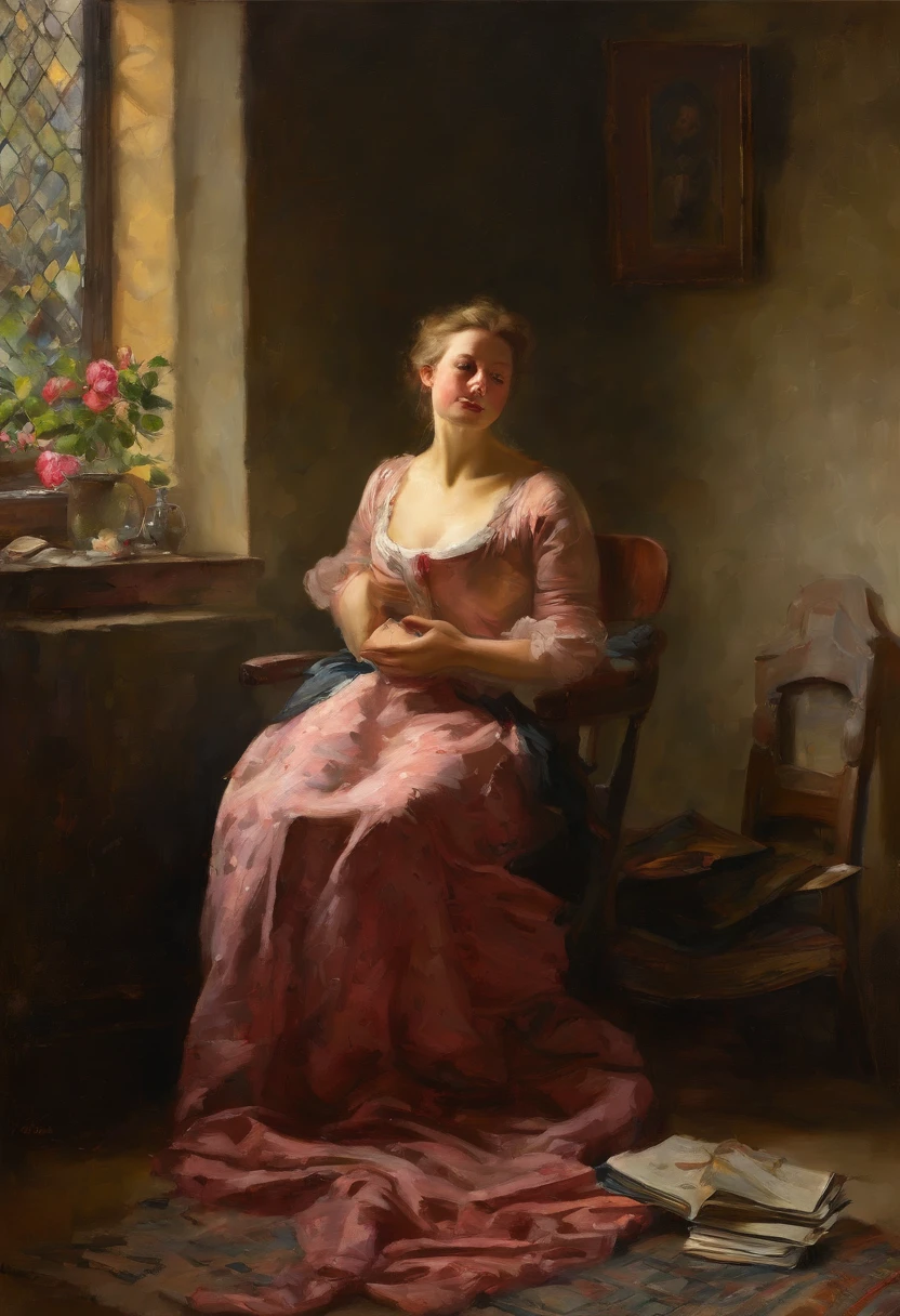 A Highly detailed, realistic thick Oil painting of a woman with {{Gigantic saggy breasts}}, {{Milk breasts}}, {{for milking}}, {{Huge nipples}}, Glass jar with pink roses, sitting in a chair with her feet up an open book laying on her tummy, by open window witha bird purched on the ledge watchihng her sleep peacefully, {{Net curtains blowing in the breeze}} clay interior walls, her eyes closed, perfect arms and hands, elegant in nature, beautiful backlighting on hair, full lips, wavy hair, up-do, her elbow leaning on arm of chair, {{Antique rosewood armchair / Georgian button back chair}}, with her hand resting under her chin, smiling about the events of the day, wearing a beautiful polka dots dress, with exposed cleavage, {{nudity}} breasts exposed and hanging out, {{1 breast out ???????????? from nipple}}, ((golden ratio}} sleepy after a long day, a sensual painting, a Beautiful expressive painting, Wadim Kashin. Ultra photo realism, Louise Ross, digital painting art, Perceptual digital painting, Stylish digital painting, Bonito painting, glossy digital painting, beautiful digital painting, digital art painting, Fine paintings, thick strokes, pallette knife, impasto, Albrecht Dürer, Rembrandt, baroque art, alla prima, sfumato, chiaroscuro, intense light, {{catchlight}}