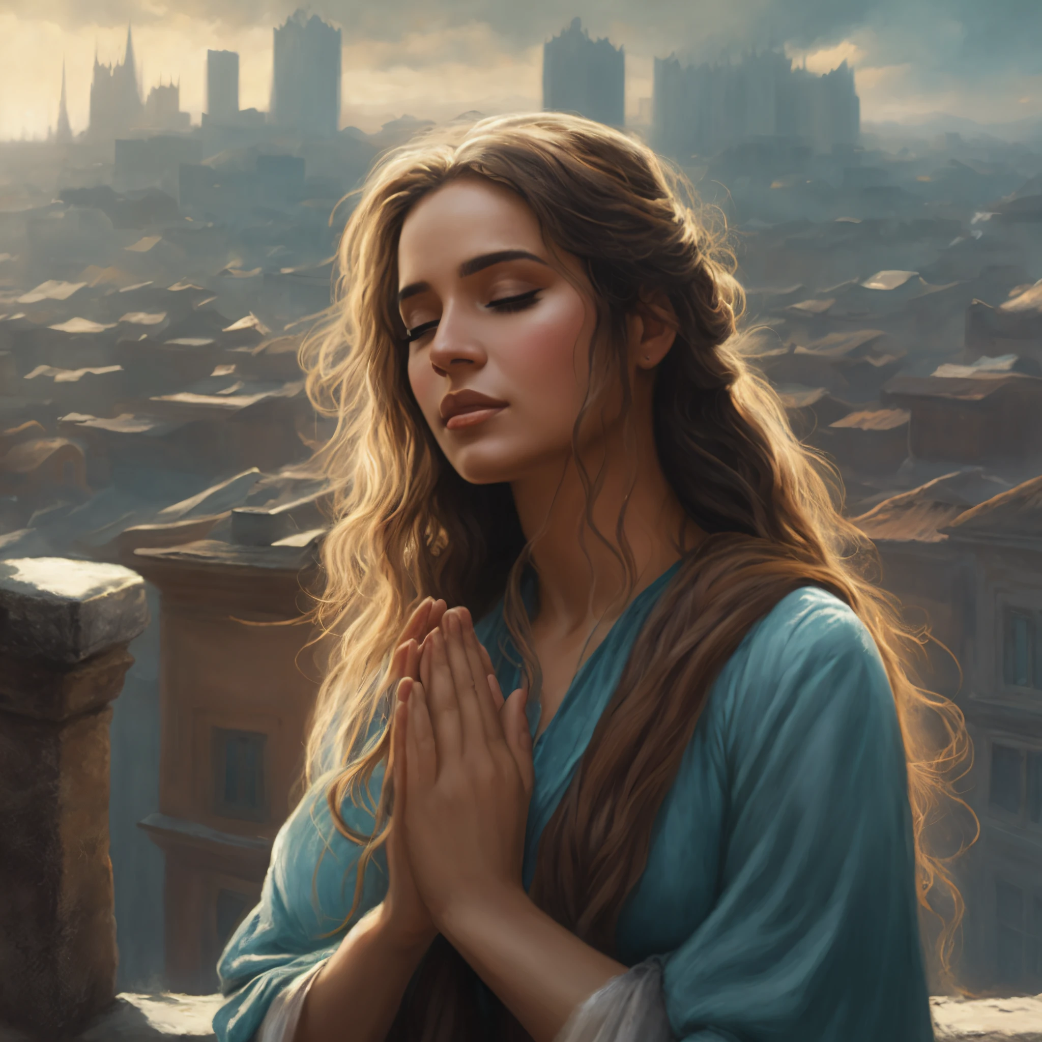 pintura de uma mulher rezando em uma varanda com vista para uma cidade, Graphic artist Magali Villeneuve, Magali Villeneuve», Directed by: Magali Villeneuve, inspirado em Magali Villeneuve, realistic fantasy illustration, Magali Villeneuve e Monet, Pintado por Andreas Rocha, pintura de fantasia realista, Directed by: Pablo Munoz Gomez, fantasy genre portrait, retrato de fantasia fosco detalhado, (16k)