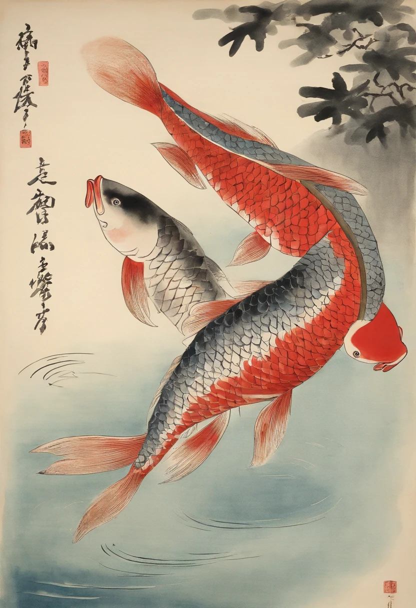 Best Quality, Kitagawa Utamaro's style, ukiyoe painting, Dancing Woman, (Floating carp), Flying carp