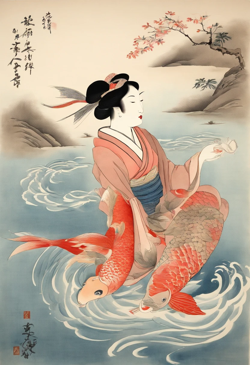 Best Quality, Kitagawa Utamaro's style, ukiyoe painting, Dancing Woman, (Floating carp), Flying carp