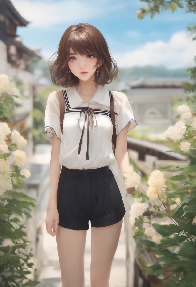 Brown hair、Disheveled hair with short cuts、japanes、15 year old girl、Looking here、Kamimei、shorts、A slender、Beautiful breasts、The background is daily life、date