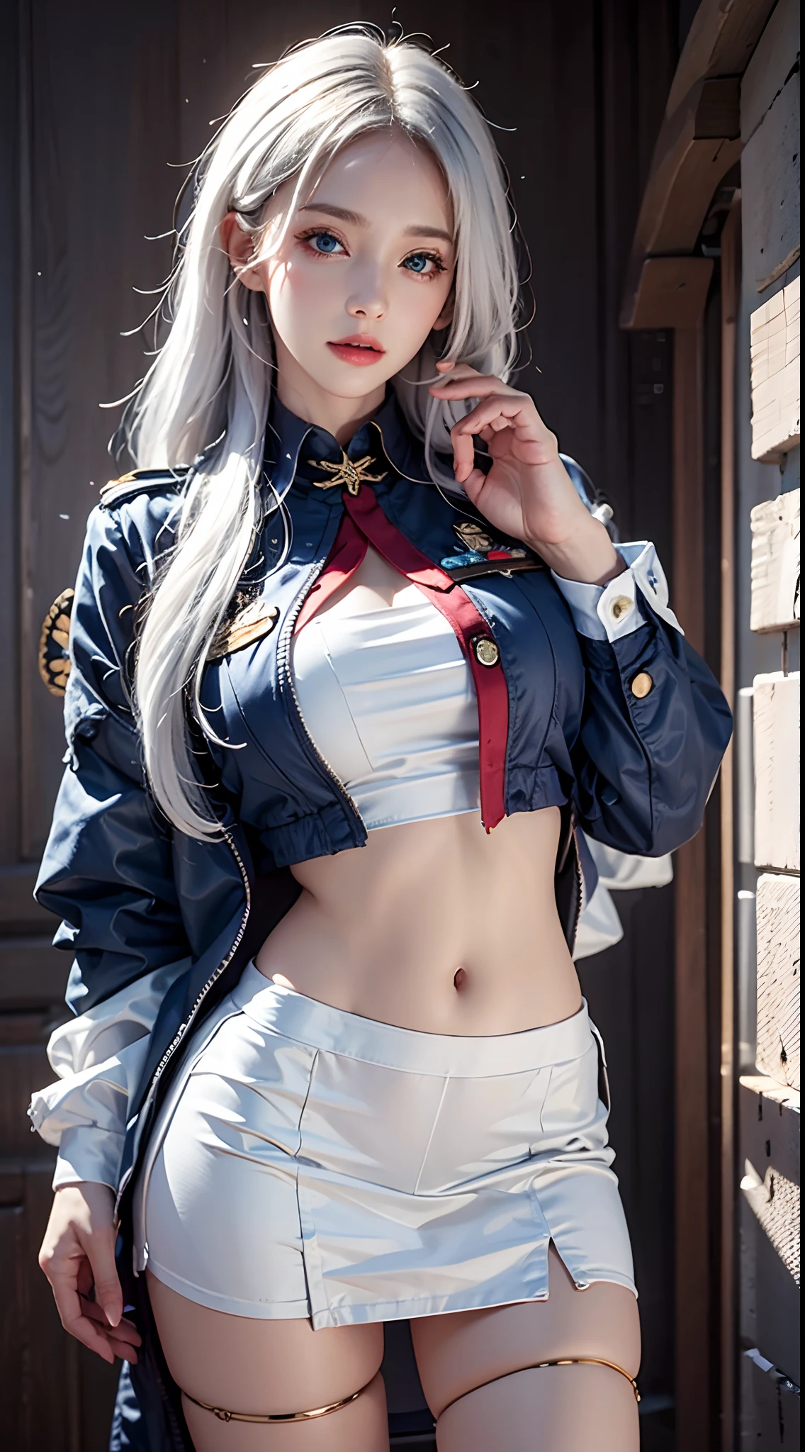 photorealistic, high resolution, soft lights, 1women, solo, hips up, blue eyes, white hair, long hair, military uniform, jacket, shirt, skirt