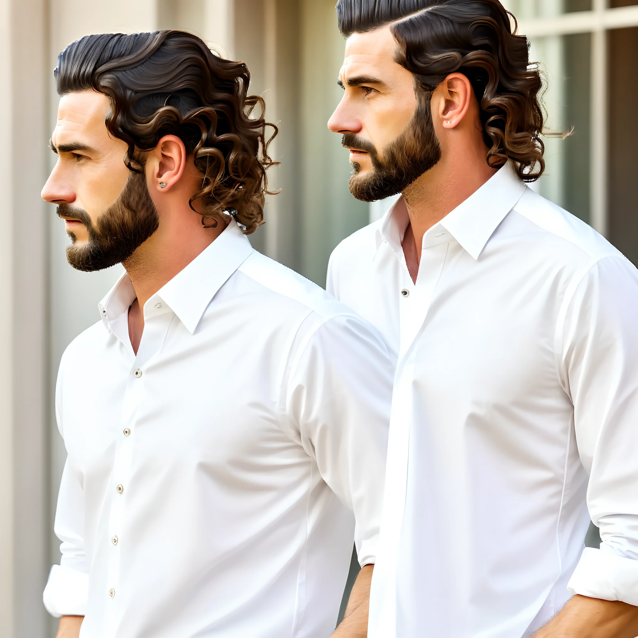 Middle-aged male，Wavy hairstyles，Pointed chin，Suit white shirt