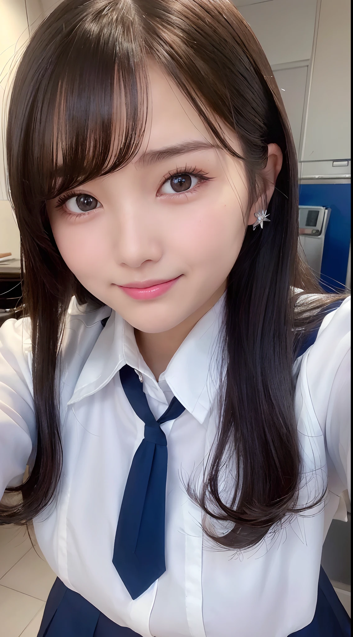 selfee、(from the front side),(Face:1.3),(Eye focus:1.4),(close up:1.3),(wide eyes:1.3),Attractive eyes,Eyelashes,Round eyes,jewelry eyes,Twinkle Eyes,slanted eye, eyesight, long eyelashes, Eye Highlights,(Smile with open mouth),look at viewr,Light transparency, Diffraction of light, Best Quality, masutepiece, High quality, High resolution, Detailed, (1womanl), (high-school uniform:1.5), Beautiful face, Full face blush:1.3, Beautiful eyes, (Blue-black hair), (semi long hair),((Hair to the shoulders:1.2)) (18year old,) (ample breasts:1.2), (A smile:1.2),perfect fingers in perfect hands,((A smile:1.2))