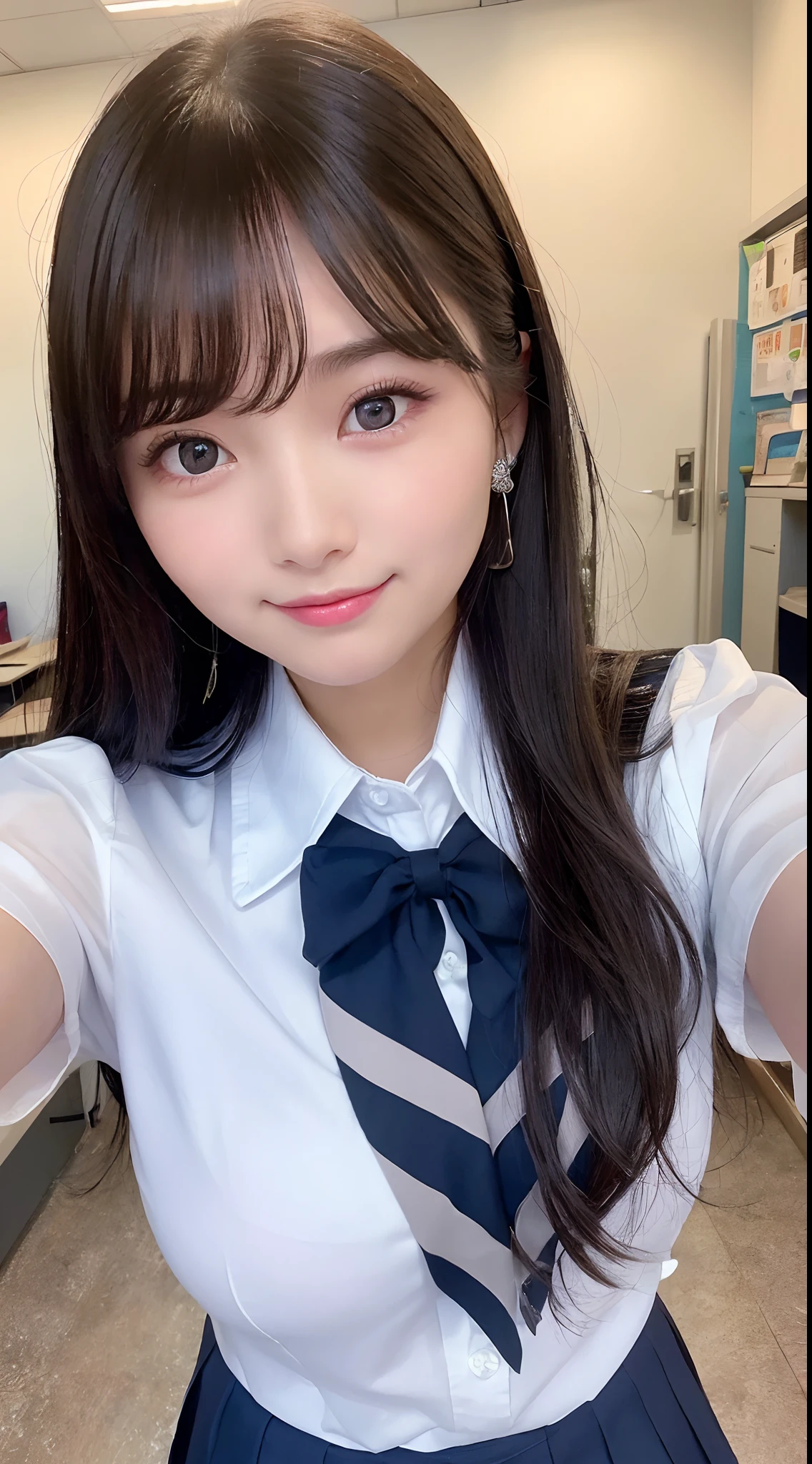 selfee、(from the front side),(Face:1.3),(Eye focus:1.4),(close up:1.3),(wide eyes:1.3),Attractive eyes,Eyelashes,Round eyes,jewelry eyes,Twinkle Eyes,slanted eye, eyesight, long eyelashes, Eye Highlights,(Smile with open mouth),look at viewr,Light transparency, Diffraction of light, Best Quality, masutepiece, High quality, High resolution, Detailed, (1womanl), (high-school uniform:1.5), Beautiful face, Full face blush:1.3, Beautiful eyes, (Blue-black hair), (semi long hair),((Hair to the shoulders:1.2)) (18year old,) (ample breasts:1.2), (A smile:1.2),perfect fingers in perfect hands,((A smile:1.2))