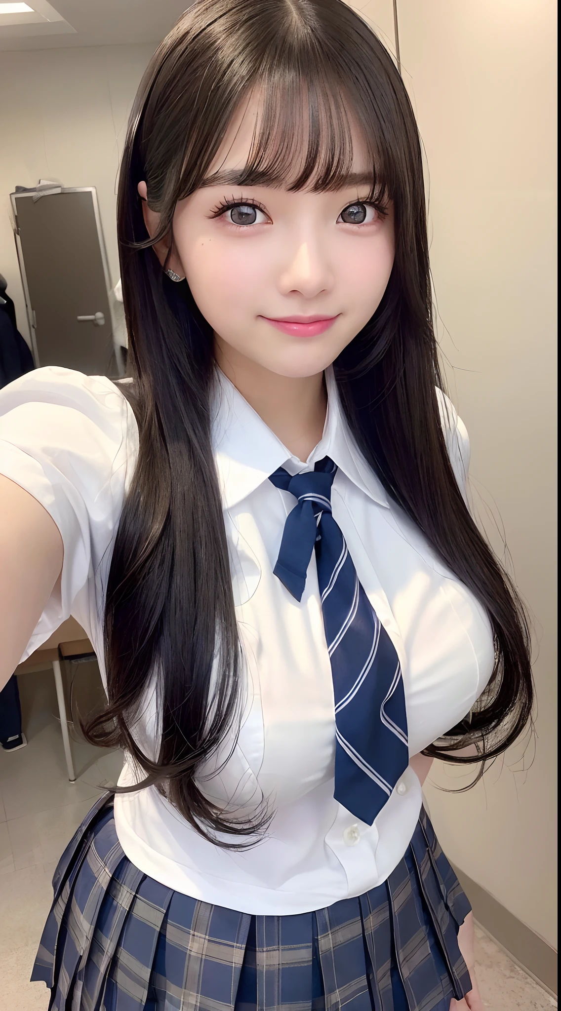 selfee、(from the front side),(Face:1.3),(Eye focus:1.4),(close up:1.3),(wide eyes:1.3),Attractive eyes,Eyelashes,Round eyes,jewelry eyes,Twinkle Eyes,slanted eye, eyesight, long eyelashes, Eye Highlights,(Smile with open mouth),look at viewr,Light transparency, Diffraction of light, Best Quality, masutepiece, High quality, High resolution, Detailed, (1womanl), (high-school uniform:1.5), Beautiful face, Full face blush:1.3, Beautiful eyes, (Blue-black hair), (semi long hair),((Hair to the shoulders:1.2)) (18year old,) (ample breasts:1.2), (A smile:1.2),perfect fingers in perfect hands,((A smile:1.2))