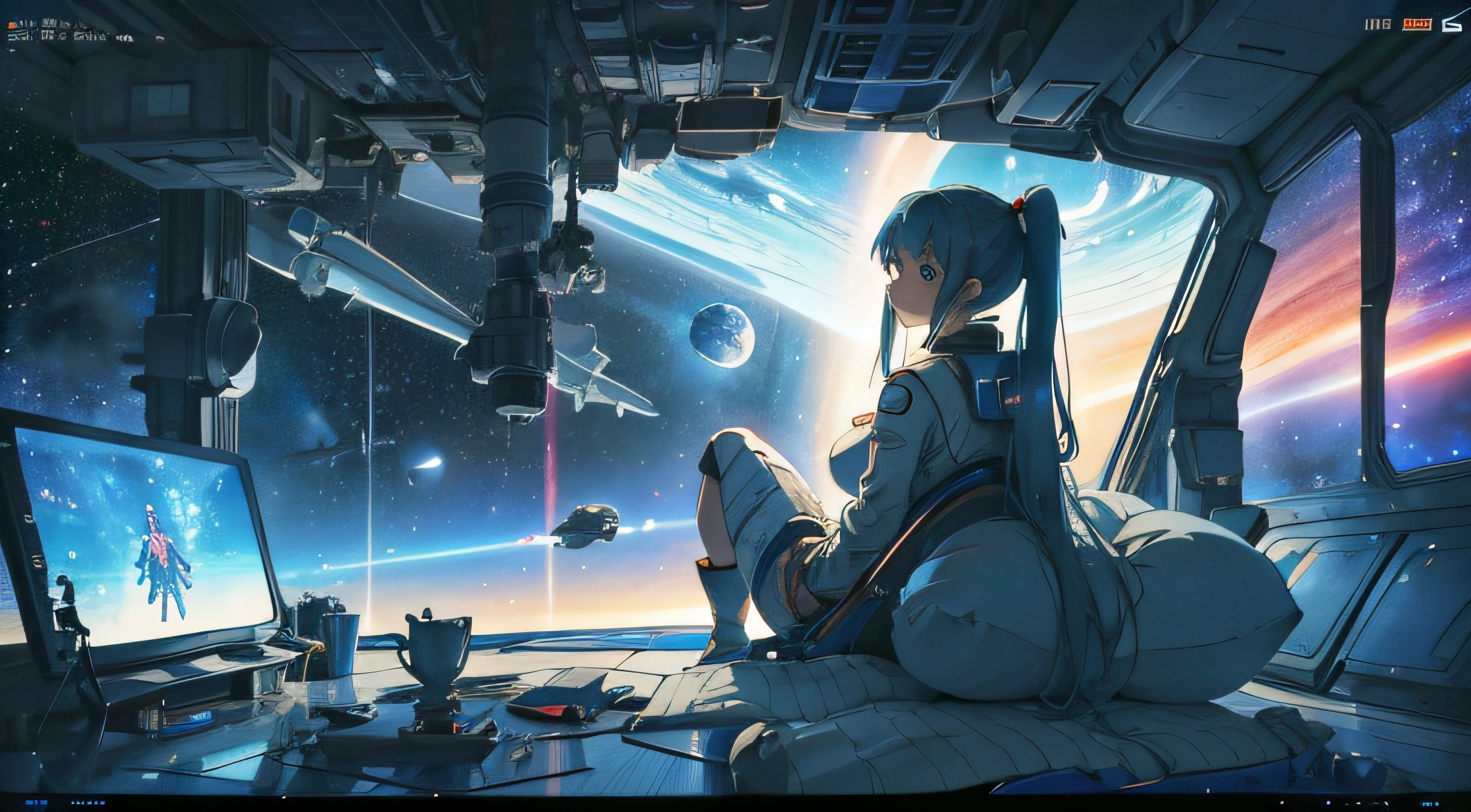 a woman watching TV on the space station, anime style, girl in space, on the space station, anime style, sitting in a spaceship, astronauts relaxing in space, anime style, Outside the window is earth, inside the TV futuristic space battle, anime style, spaceship in the background, spaceships fighting in the background --auto
