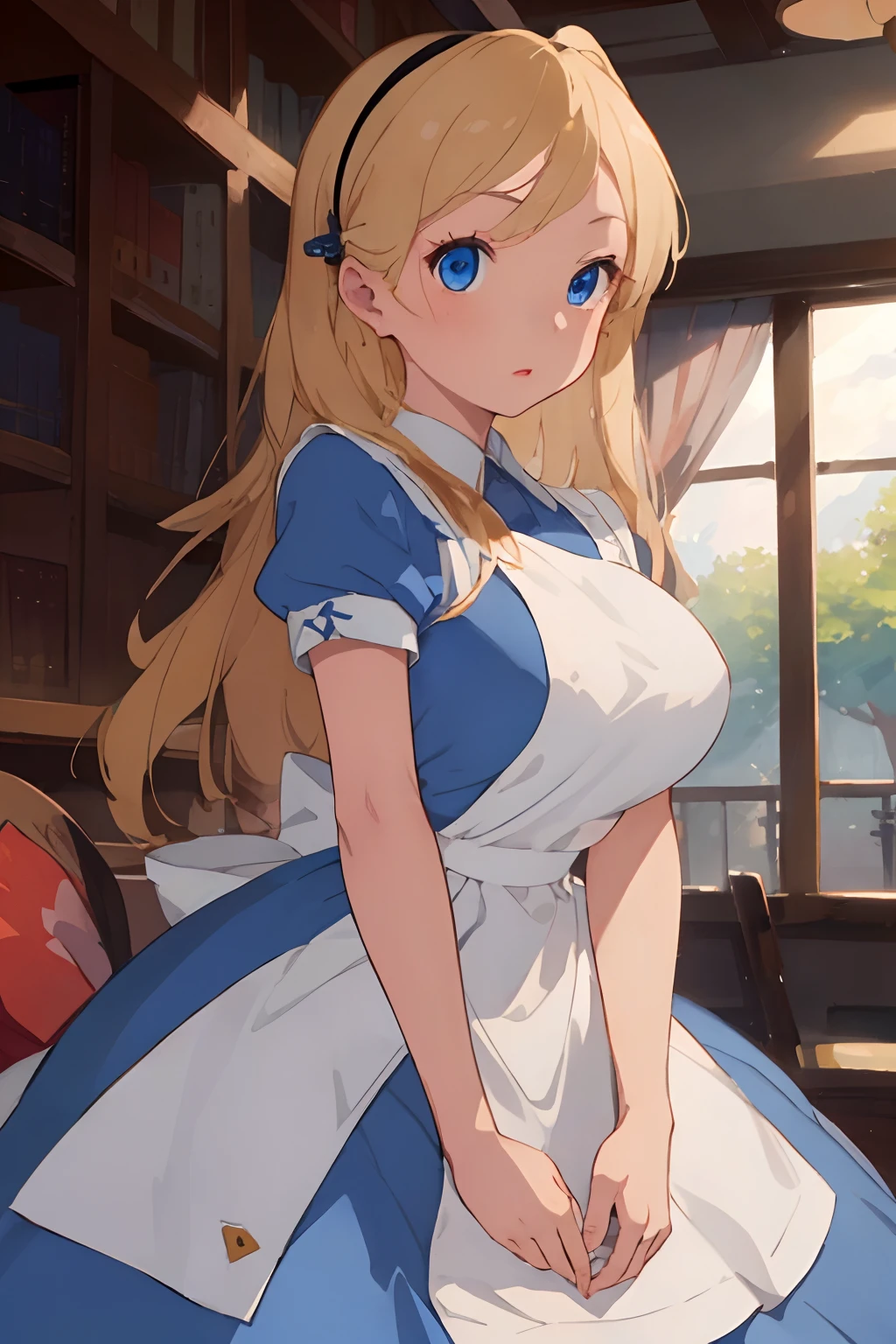 (​masterpiece、top-quality;1.3)、ighly detailed、1girl in、atlibrary、Black Hair Band、Blonde long hair、big breast beauty、Show、a blue dress、White apron