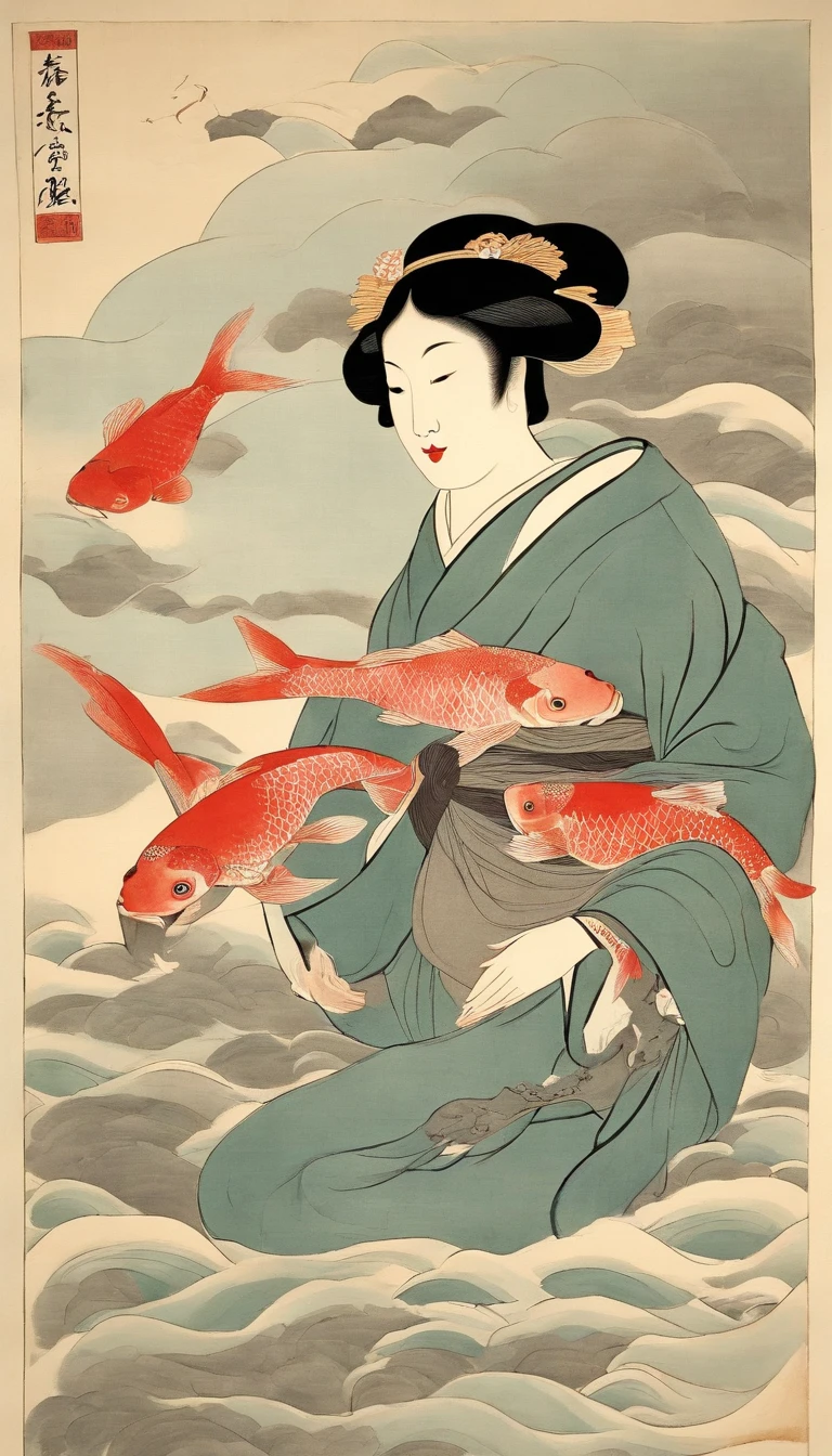 Best Quality, Kitagawa Utamaro's style, ukiyoe painting, Dancing Woman, (Floating carp), Flying carp