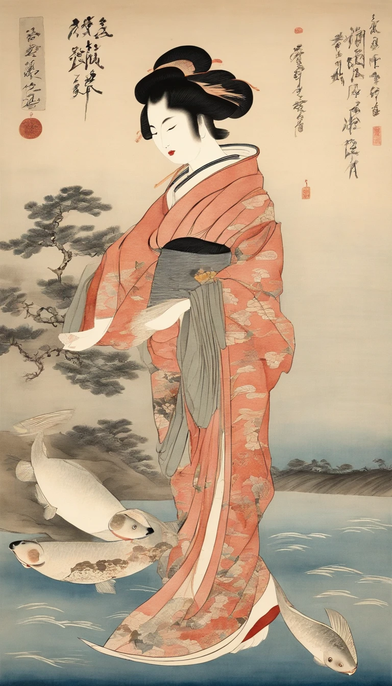 Best Quality, Kitagawa Utamaro's style, ukiyoe painting, Dancing Woman, (Floating carp), Flying carp