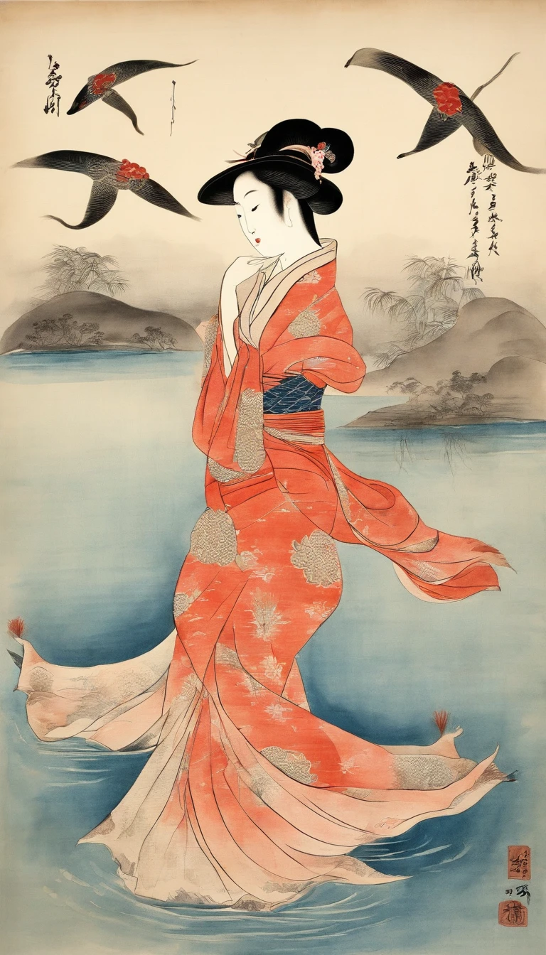 Best Quality, Kitagawa Utamaro's style, ukiyoe painting, Dancing Woman, (Floating carp), Flying carp