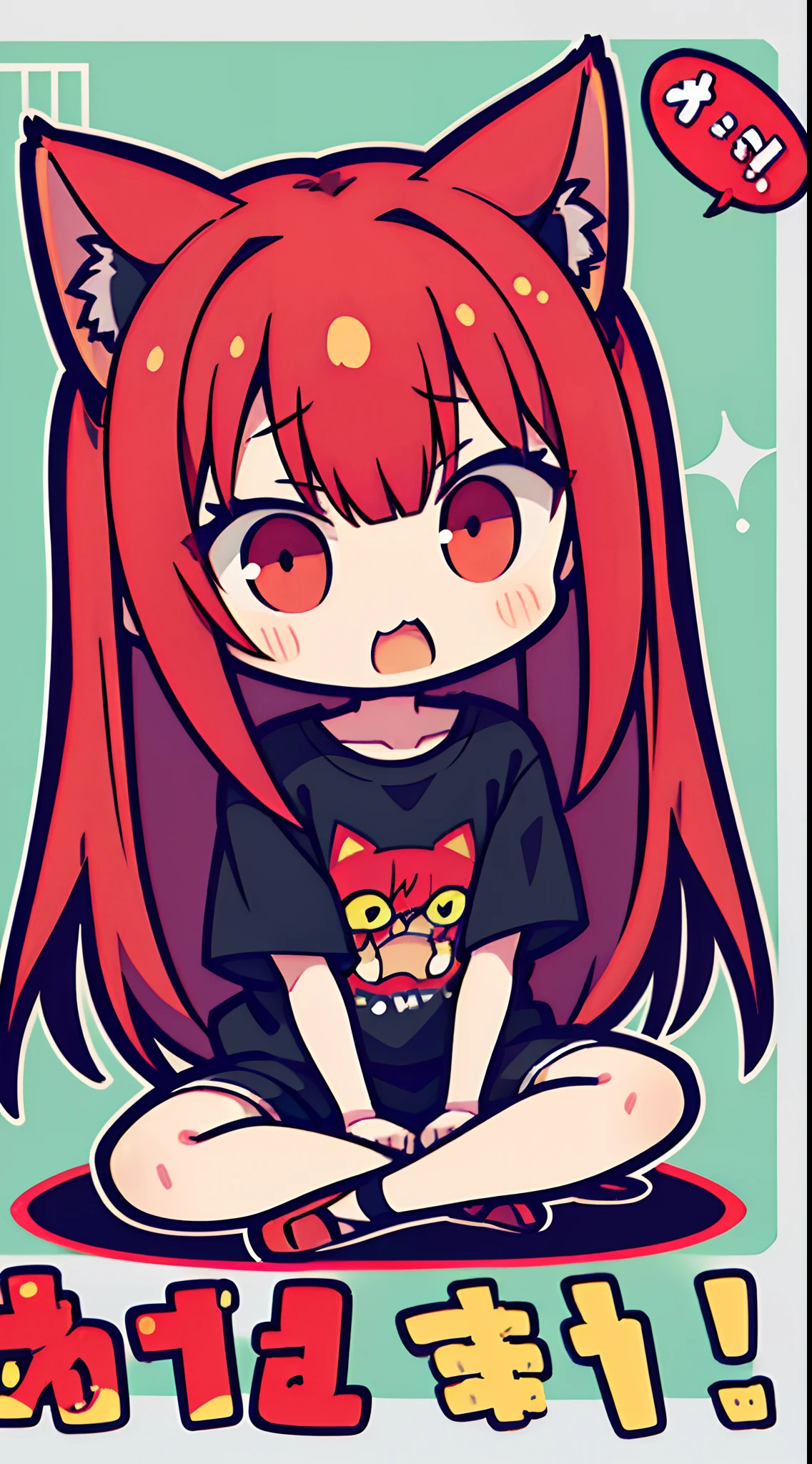 (Best Quality,4K,High resolution), 18yo woman, Red mesh hair on black hair, Long hair, Straight hair, Cat's ears , Comical appearance，astonished face，big eye，comic strip，animesque，Comical illustration，Look at viewers，Sitting wildly，oversize tshirt，shortpants，Deformed cute illustration