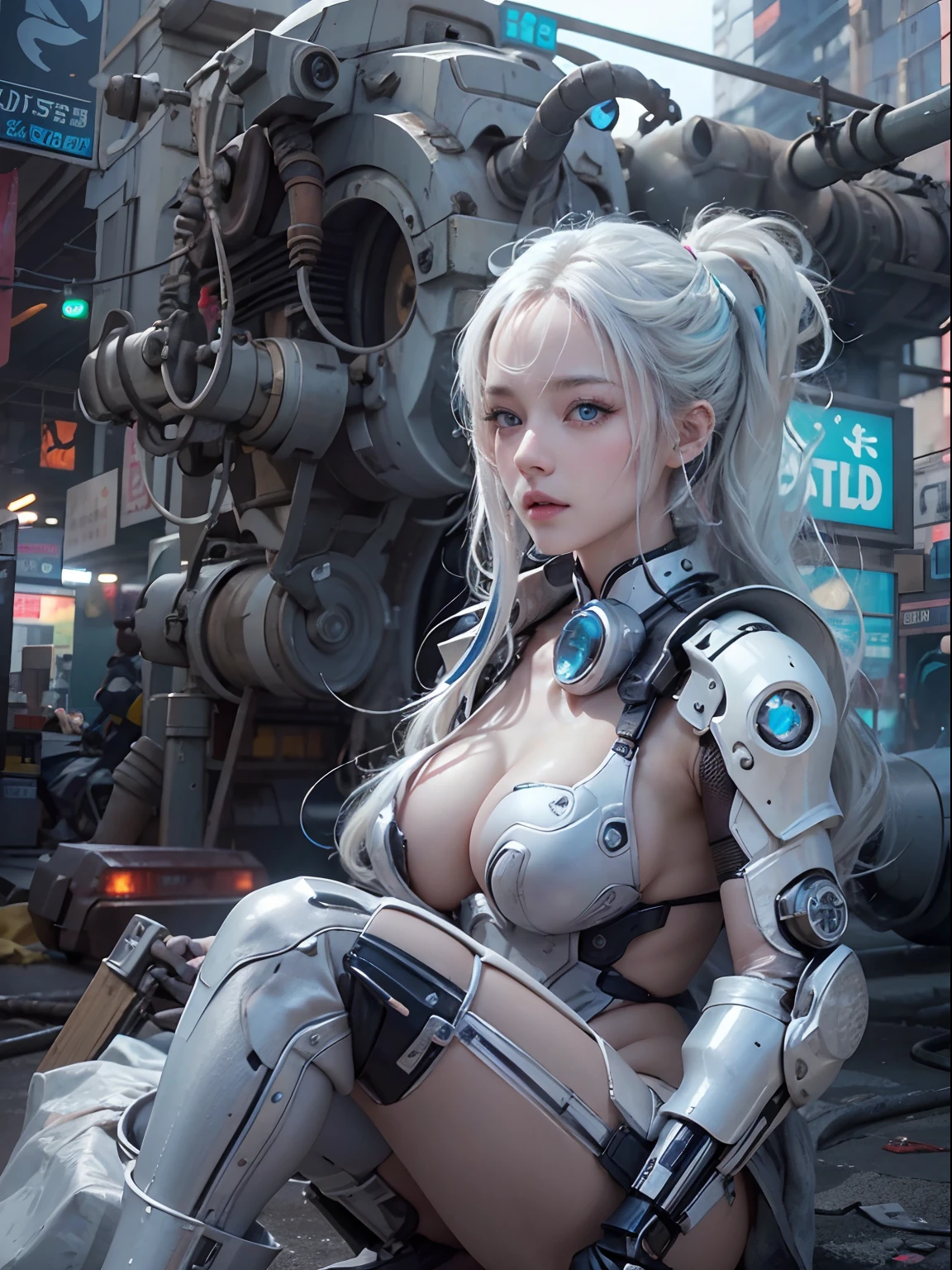 nsfw, 1girl, nude, full body, cyberpunk, mechanics, (masterpiece: 1.4), (8K, realistic, raw photo, best quality: 1.4), naked, squatting on machine, legs open, nipple areola shape clear, beautiful breasts, Japanese girl, beautiful cute face, (real face: 1.4), perfect pussy, beautiful hairstyle, realistic blue eyes, beautiful detail eyes, (real skin: 1.3), beautiful skin, attractive, ultra high resolution, ultra realistic, cinematic lighting, white colored hair, long hair, city ruins, futuristic world