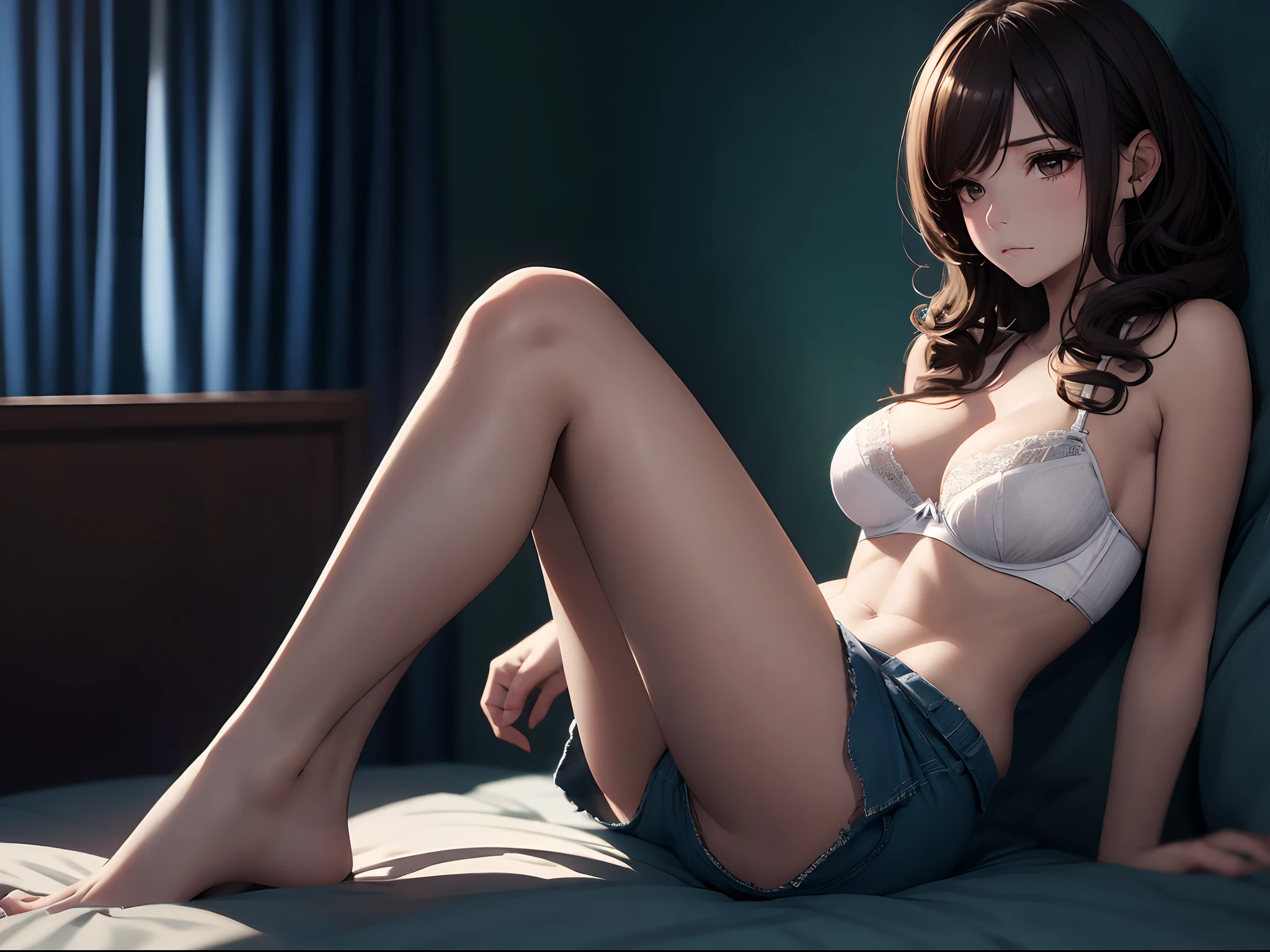 modest brown hair、Loose curly hair、boredom、poneyTail、Woman in her 30s、35 year old、OL、adult lady、Slender body、white tee、Beautiful legs、Bedrooms、cleavage of the breast、Footboard beauty、Opening legs、Beautiful legs、lying back on、sleep、Well-proportioned body、(A melancholy look、Being raped、White bra、Muscle exposure、Denim skirt、Open legs、white  panties、Reluctant、Nonresistance)、from side view