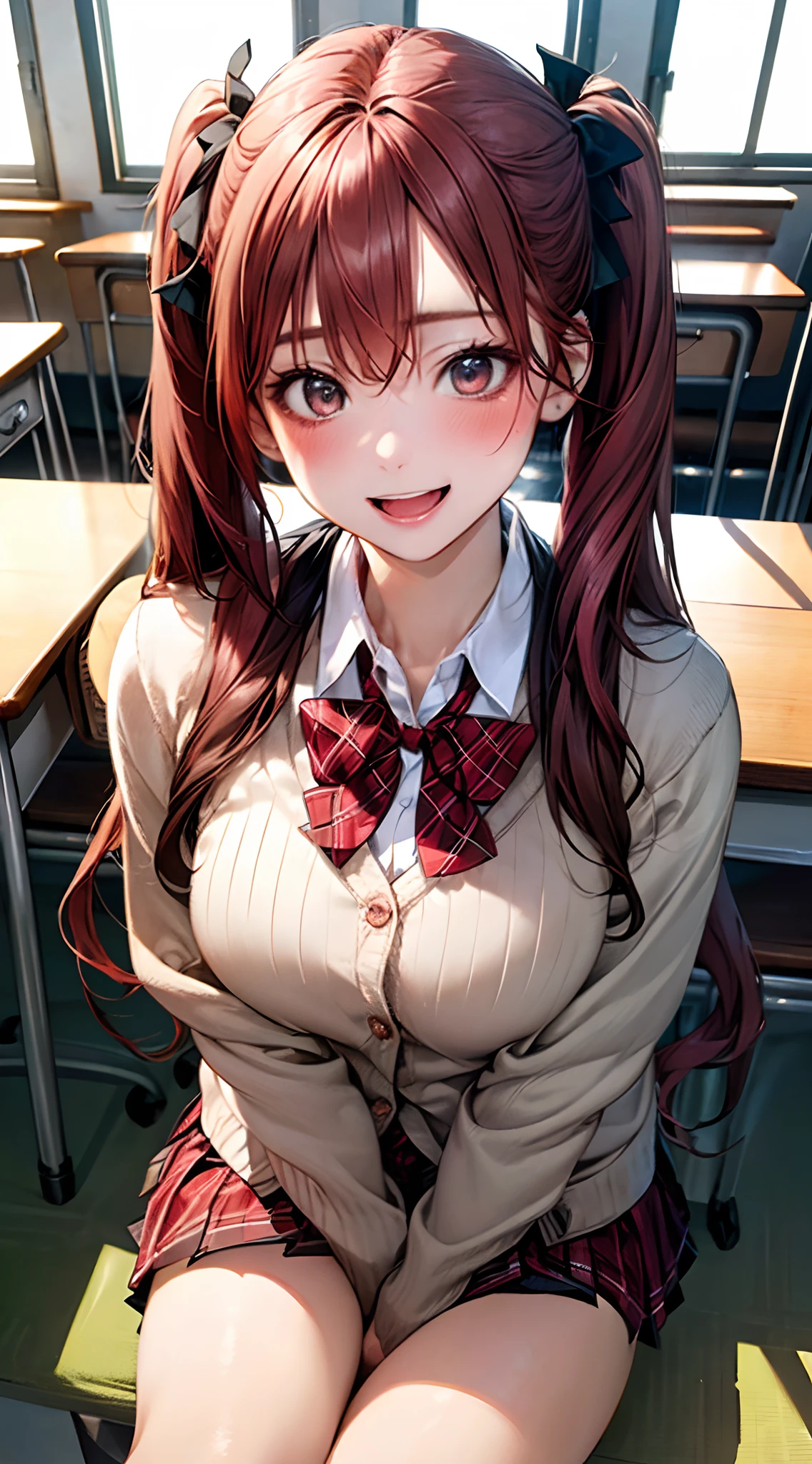 (masterpiece:1.2, top-quality), (realistic, photorealistic:1.4), beautiful illustration, NSFW, 
looking at viewer, cowboy shot, front view:0.8, 
1 girl, japanese, high school girl, red hair, (long hair:1.8), (twintail:1.7), bangs, hair between eye, gold eyes, large breasts:0.8, (thick thighs), 
beautiful hair, beautiful face, beautiful detailed eyes, beautiful clavicle, beautiful body, beautiful chest, beautiful thigh, beautiful legs, beautiful fingers, 
(beautiful scenery), dawn, bright and refreshing classroom, desks, chairs, curtains, 
((red blazer, pleated mini skirt, white socks, red private school uniform:1.2, light blown cardigan, red plaid pleated skirt, red plaid bow tie, red plaid hair ribbon)), pink panties, 
(swollen), ((seductive posture: 1.2, attractiveness: 1.2)), (idle),
(erotic, sexy, upper eyes, smile), shiny skin, open mouth, 
perfect face, cute and symmetrical face, natural side lighting, movie lighting), 
sitting chair, ,