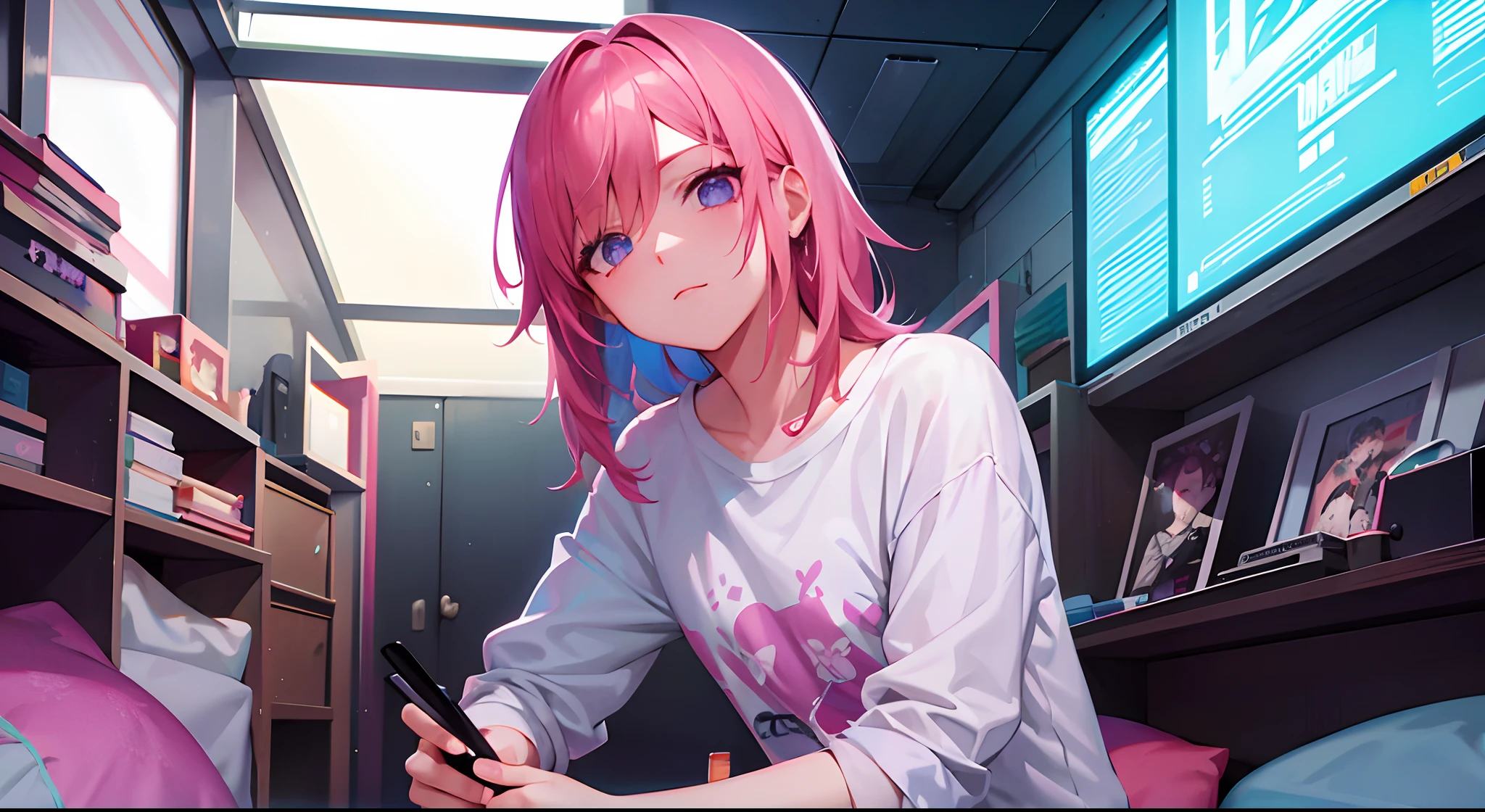 anime com cabelo rosa e tatuagens deitada em uma cama, Loish e Tran Ross, cores cyberpunk coloridas sonhadoras, Lois van Baarle e Rossdraw, Art not Guweiz style, Sem estilo Tran Ross, rossdraw desenho animado vibrante, inspirado em Liam Wong, RossDraw pastel vibrante, Directed by: Tran Ross, Molly, Neuromancer