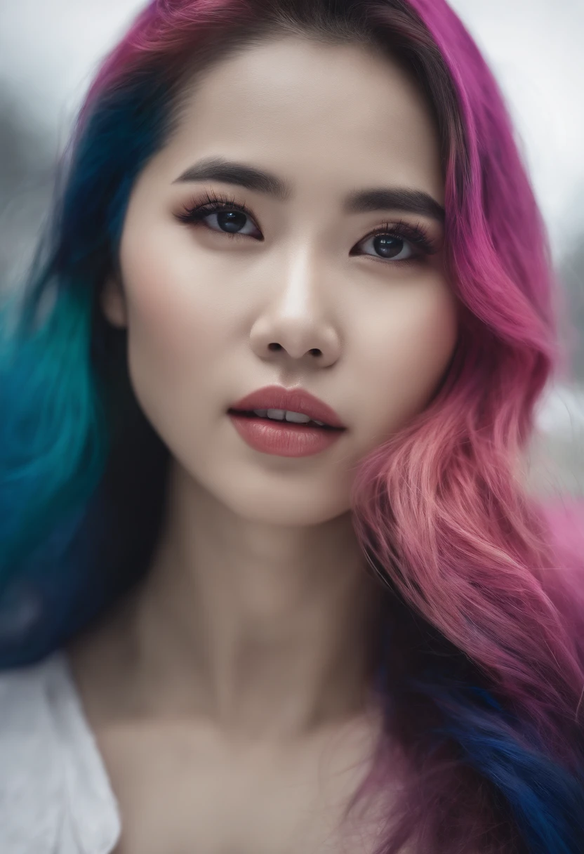 (Masterpiece, Best Quality, High Resolution), White Background, ((Paint Splash, Color Splash, Splash of Ink, Color Splash)), Sweet Chinese Girl, Rainbow Hair, Pink Lips, Front, Upper Body