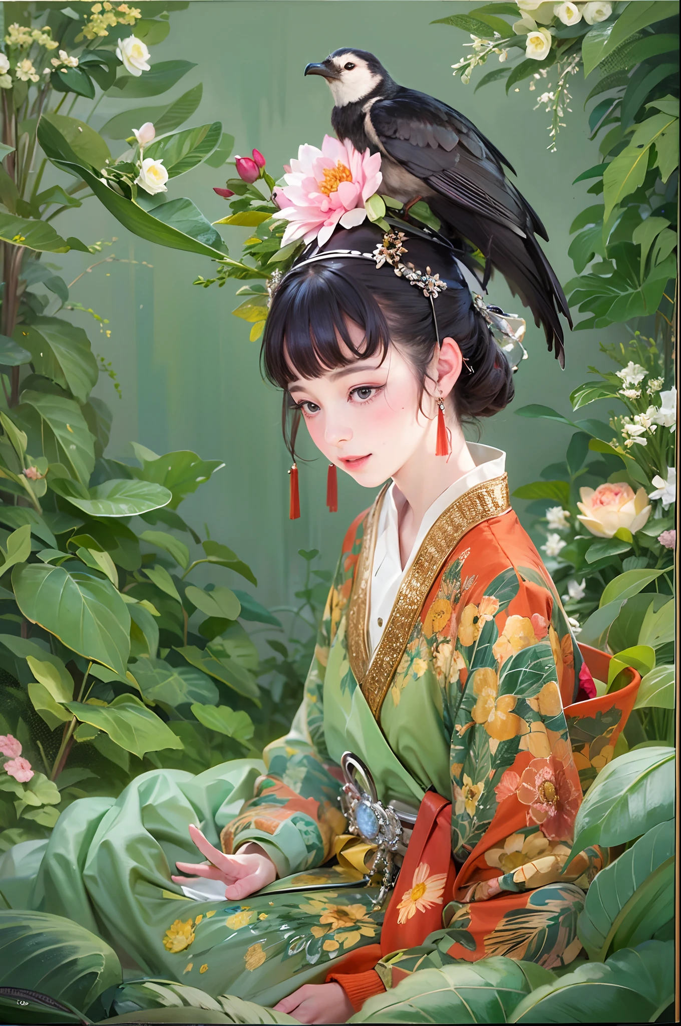 The hair is cloudy, like a pile of crows，Dressed in green velvet flowers。A pair of golden lotuses just half folded，Ten fingers are like spring shoots。The dough flour is like a silver basin，Vermilion lips are like cherry slippery。Straight and beautiful，In the month, Chang'e is also happy。Natural skin texture,ultra-realistic realism,the soft light,Sharp），masterpiece, best quality, ultra-detailed, best shadow，8k