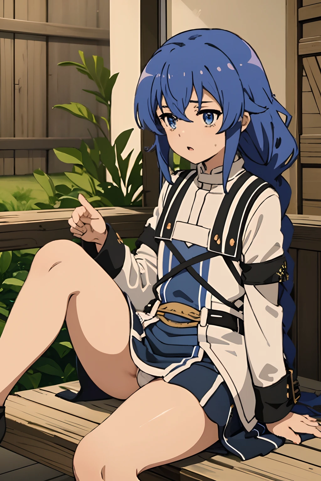 Roxy_Migrudia(mushoku tensei)、1girl, masterpiece、top-quality、Blue eyes、pale crimson blue hair、double big braid, {fullnude}、{gentle}、{calm}、{pubic hair}、{{小柄}}、satori、{Calm}、Viewers are watching、{low angles}, {lowerbody}、{NSFW}, open legs, {Lewd}、Lower grade、