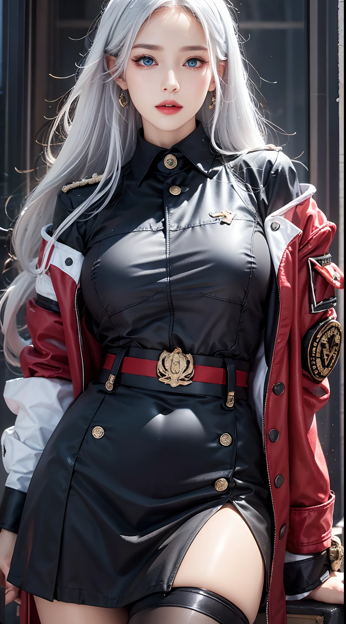 photorealistic, high resolution, soft lights, 1women, solo, hips up, blue eyes, white hair, long hair, military uniform, jacket, shirt, skirt