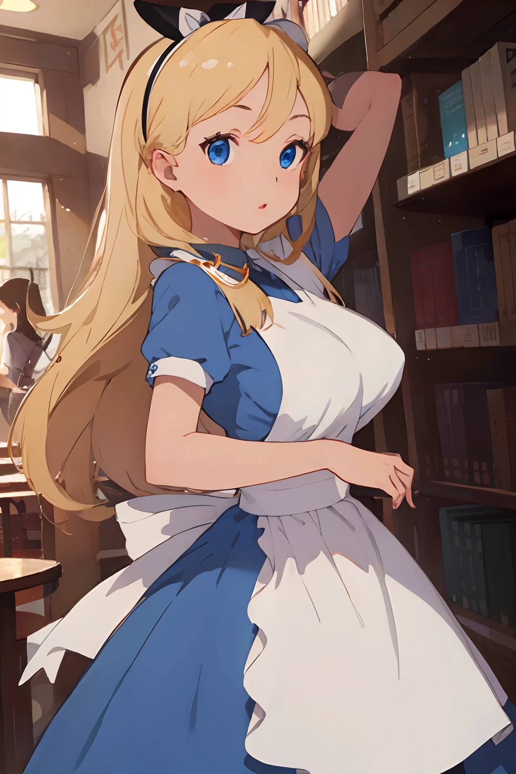 (masterpiece、top-quality;1.3)、ighly detailed、1girl in、atlibrary、alice liddell、Black Hair Band、Blonde long hair、big breast beauty、Underwear