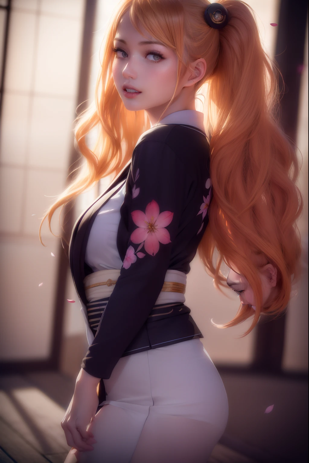 masterpiece, (photorealistic:1.5), best quality, beautiful lighting, real life,
nami \(one piece\),
1girl, architecture, cherry blossoms, east asian architecture, falling petals, gold, japanese clothes, kimono, log pose, long blonde hair, looking at viewer, open mouth, blonde hair, petals, shoulder tattoo, solo, tattoo, teeth, upper teeth only
, intricate, high detail, sharp focus, dramatic, beautiful girl , (RAW photo, 8k uhd, film grain), caustics, subsurface scattering, reflections