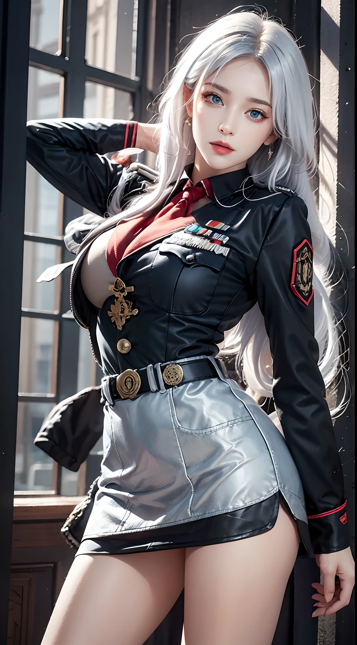 photorealistic, high resolution, soft lights, 1women, solo, hips up, blue eyes, white hair, long hair, military uniform, jacket, shirt, skirt