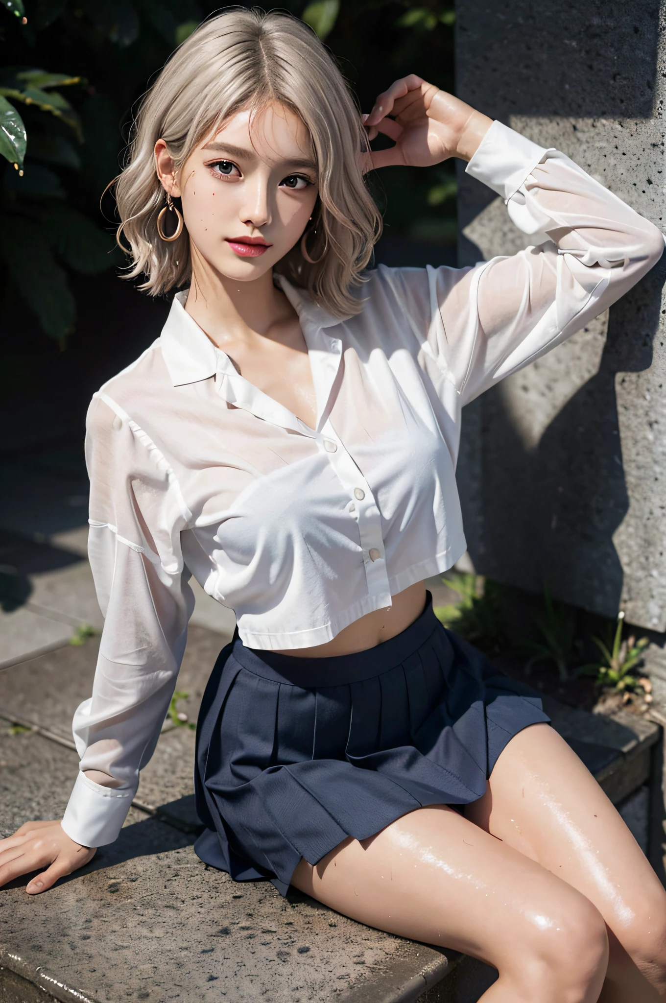 (extremely delicate and beautiful, masterpiece, Best Quality, ultra high resolution, 16k, Photorealistic, ultra-detailed, Very detailed CG 8k wallpaper, Beautiful Lighting, Perfect Lightning, Realistic Shadows, (anatomically correct), Detailed shiny skin, Latino, late 20s, (Slim body), (Slim abdomen), small head, Realistic small beautiful face, Realistic small beautiful eyes, double eyelids, eye liner, mascara, tearful mole, mole on chest, large earring, full body shot, short wavy hair, (huge round breasts:1.2), cleavage, Soft midriff, Fine Collarbone, beautiful and very thin legs, beautiful and very thin thighs, bare shoulders, bare legs), from above, hands up, full-face blush, (wet:1.5), (white bronze hair:1.3), (Korean school uniform), (summer school uniform shirt:1.3),