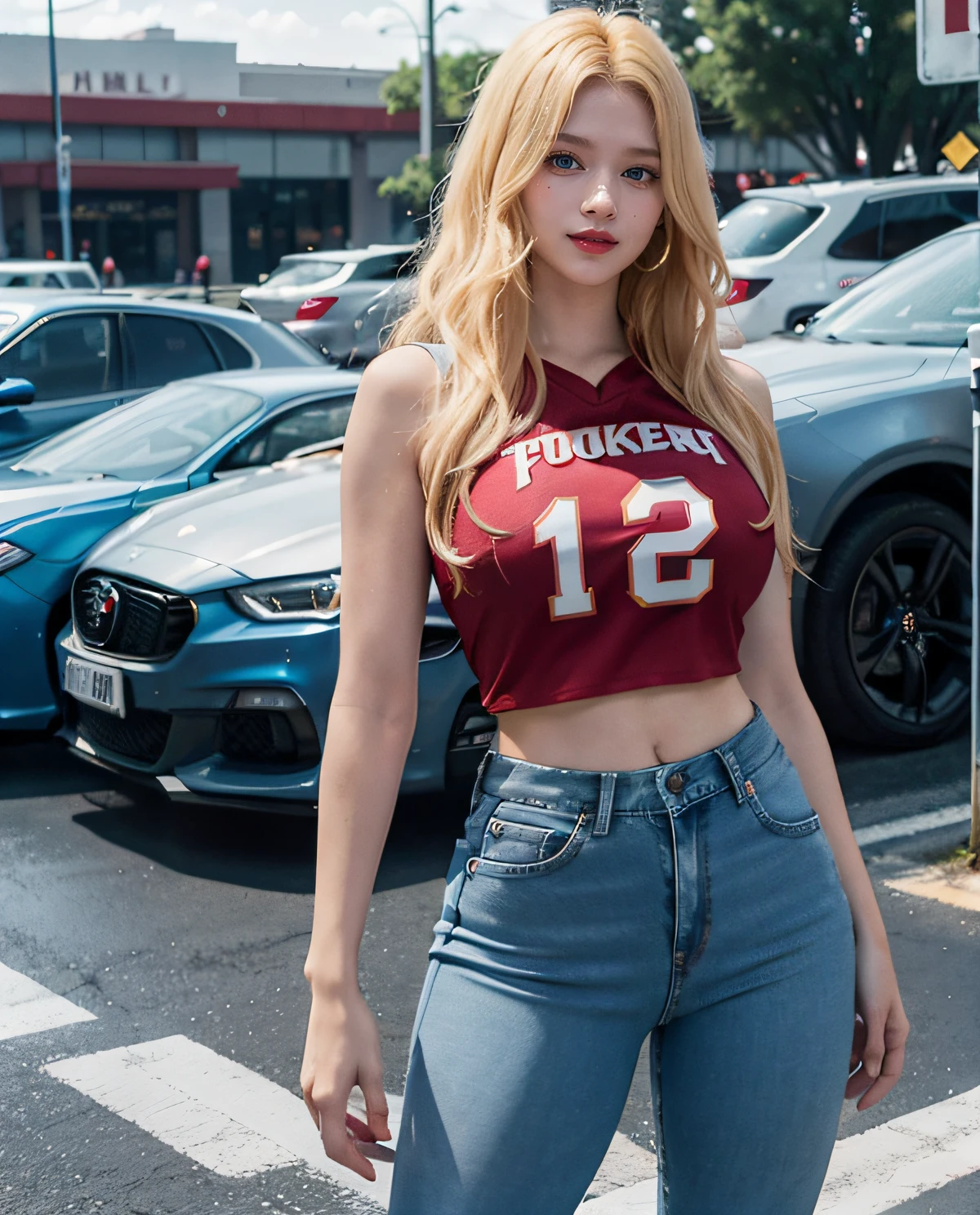1girl, (Blue Eyes), smiling, (Sana Minatozaki), wide hips, Big Boobs, big ass, (Best Quality, 8k, Masterpiece: 1.3), perfect hands, Clear Focus: 1.2, Perfect Body Beauty: 1.4 , Slender Abs: 1.2, Highly detailed face and skin texture, detailed eyes, double eyelids, red lips, (blonde long hair), (basketball jersey), (tight jeans), standing in a parking lot with cars, a large stadium in the background, deep on field
