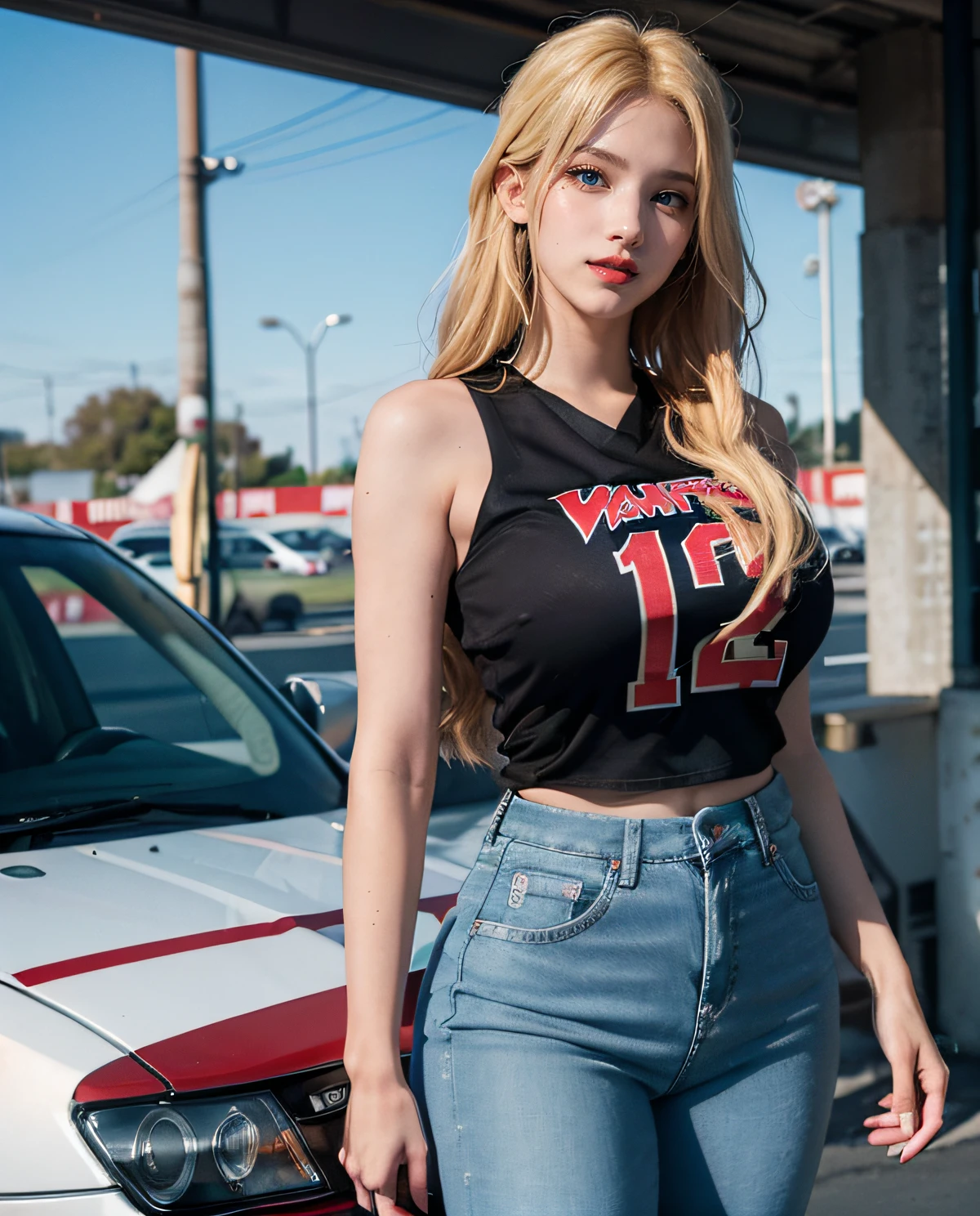 1girl, (Blue Eyes), smiling, (Sana Minatozaki), wide hips, Big Boobs, big ass, (Best Quality, 8k, Masterpiece: 1.3), perfect hands, Clear Focus: 1.2, Perfect Body Beauty: 1.4 , Slender Abs: 1.2, Highly detailed face and skin texture, detailed eyes, double eyelids, red lips, (blonde long hair), (basketball jersey), (tight jeans), standing in a parking lot , a large stadium in the background, deep on field