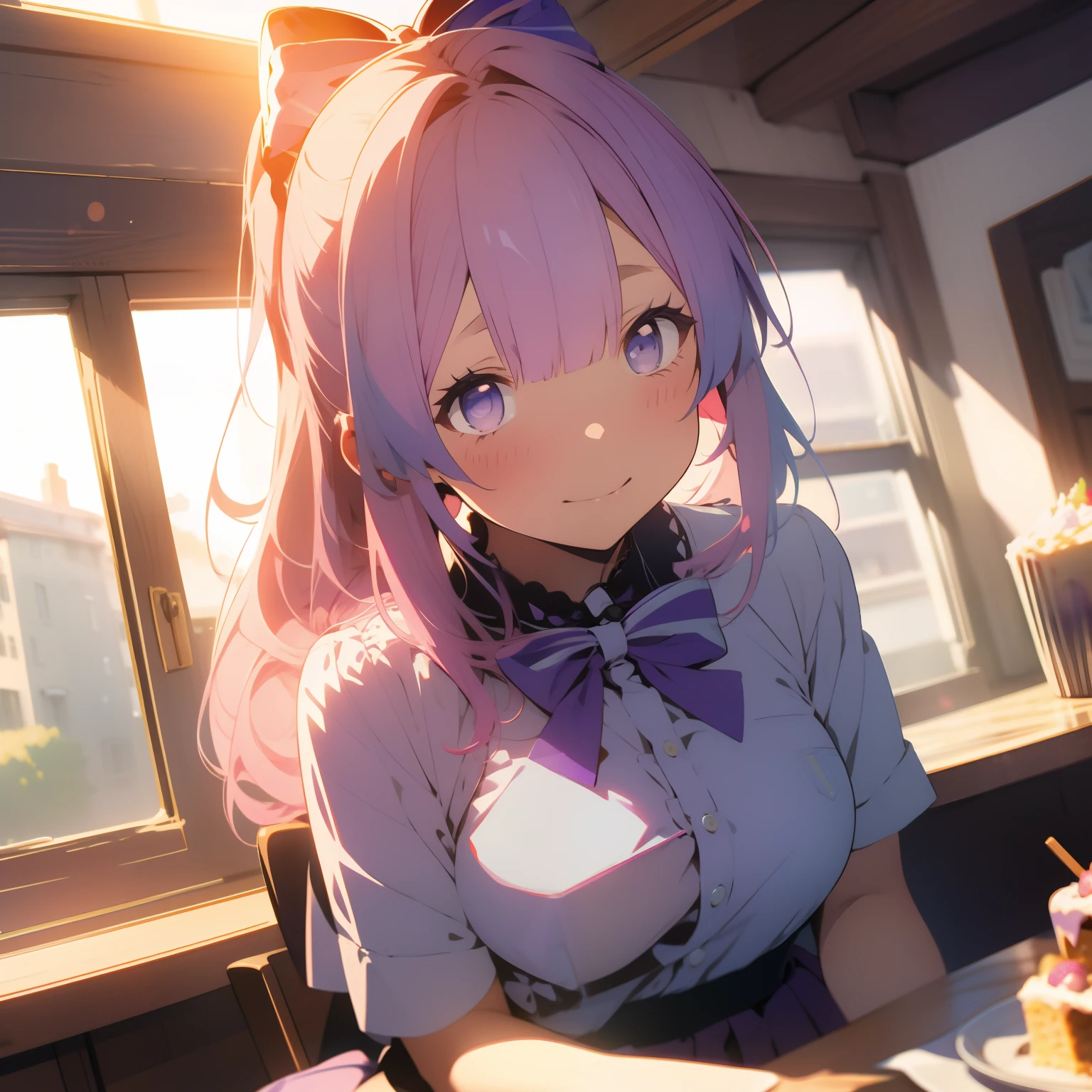 Masterpiece, best quality, super detailed, illustration, medium view, beautiful detailed eyes, ((far view, wide angle 1.31)), on the outside, a girl, white hair, pink bow, sexy, facing face, big breasts, cleavage, big breasts, blushing, masturbation, sitting on an oversized maritni glass, Grab your own breasts, Spread your legs, bare legs, Raise your legs, underboob, visible bellybutton, alternate costume, 1girl, solo, food, pink hair, bow, purple bow, shirt, white shirt, looking at viewer, bangs, skirt, purple eyes, bowtie, multicolored hair, ponytail, long hair, cake, indoors, frills, blush, holding, collared shirt, purple bowtie, hair bow, sitting, purple skirt, bow-shaped hair, window, blunt bangs, cake slice, smile, sidelocks, blue bow, shirt tucked in, sleeves rolled up, fruit, upper body, center frills, gradient hair, dress shirt, light particles, strawberry, pocky, blue hair