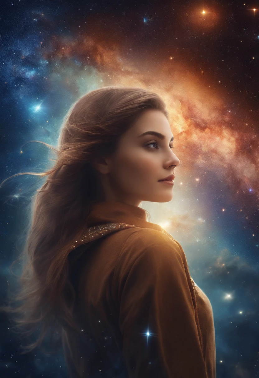 High detail, Super detail, Super high resolution, The girl enjoys her time in the fantasy galaxy, Surrounded by stars, Warm light shines on her, The background is the starry sky with colorful galaxies and galactic clouds, Stars flew around her, Delicate face, Add a playful vibe , --V6