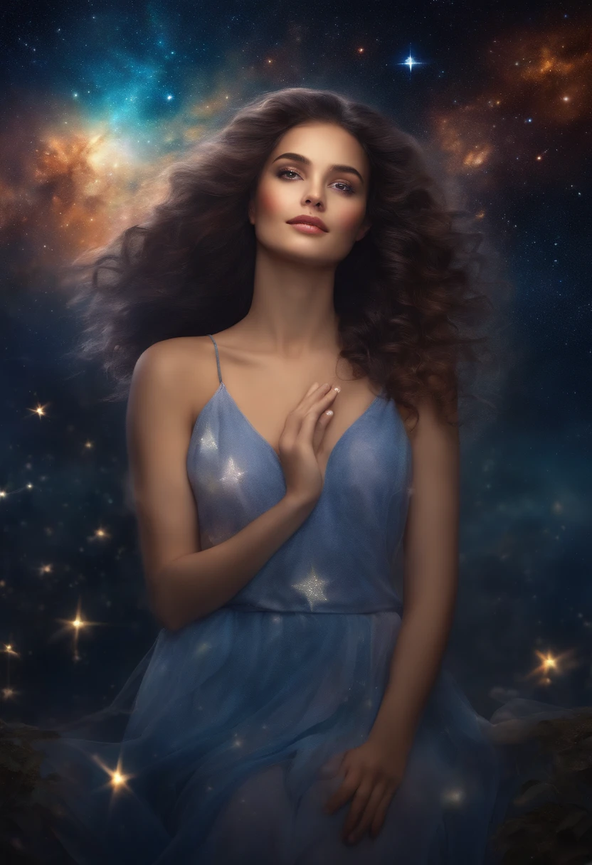 High detail, Super detail, Super high resolution, The girl enjoys her time in the fantasy galaxy, Surrounded by stars, Warm light shines on her, The background is the starry sky with colorful galaxies and galactic clouds, Stars flew around her, Delicate face, Add a playful vibe , --V6
