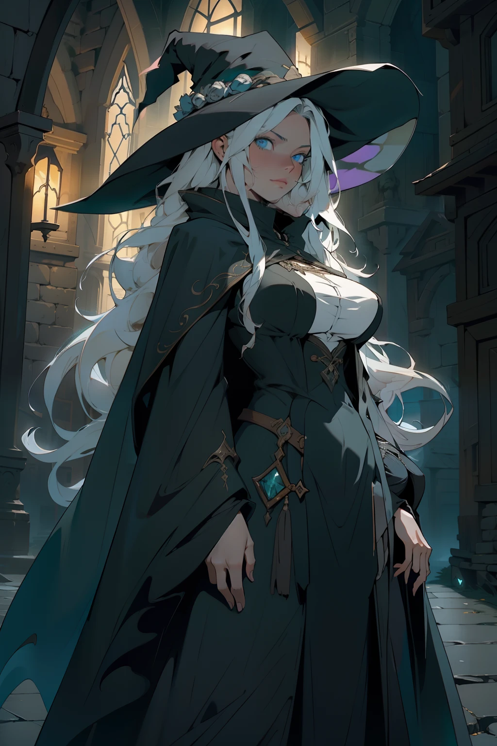 4k, high quality, cowboy shot, digital painting of beautiful young girl, witch, long white hair, flowing hair, giant witches hat, long black cloak, big breasts, fully clothed, layers of cloth clothing, witch clothes, covered in darkness, in the night, night time street, giant flowing cloak, encompassing cloak flowing, hints of green in the design, bright blue eyes, looking at viewer, cowboy shot