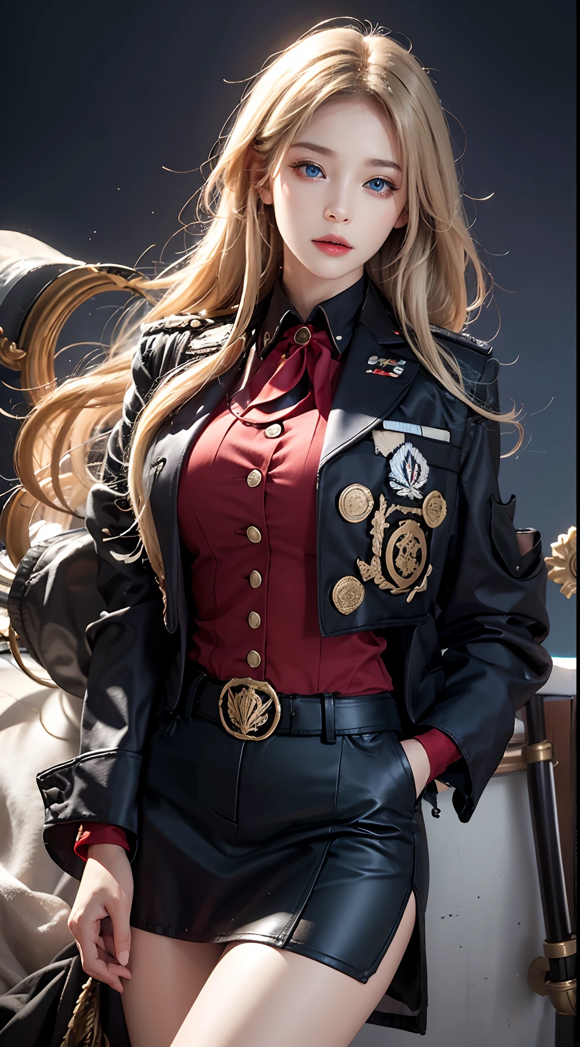 photorealistic, high resolution, soft lights, 1women, solo, hips up, blue eyes, blonde hair, long hair, military uniform, jacket, shirt, skirt