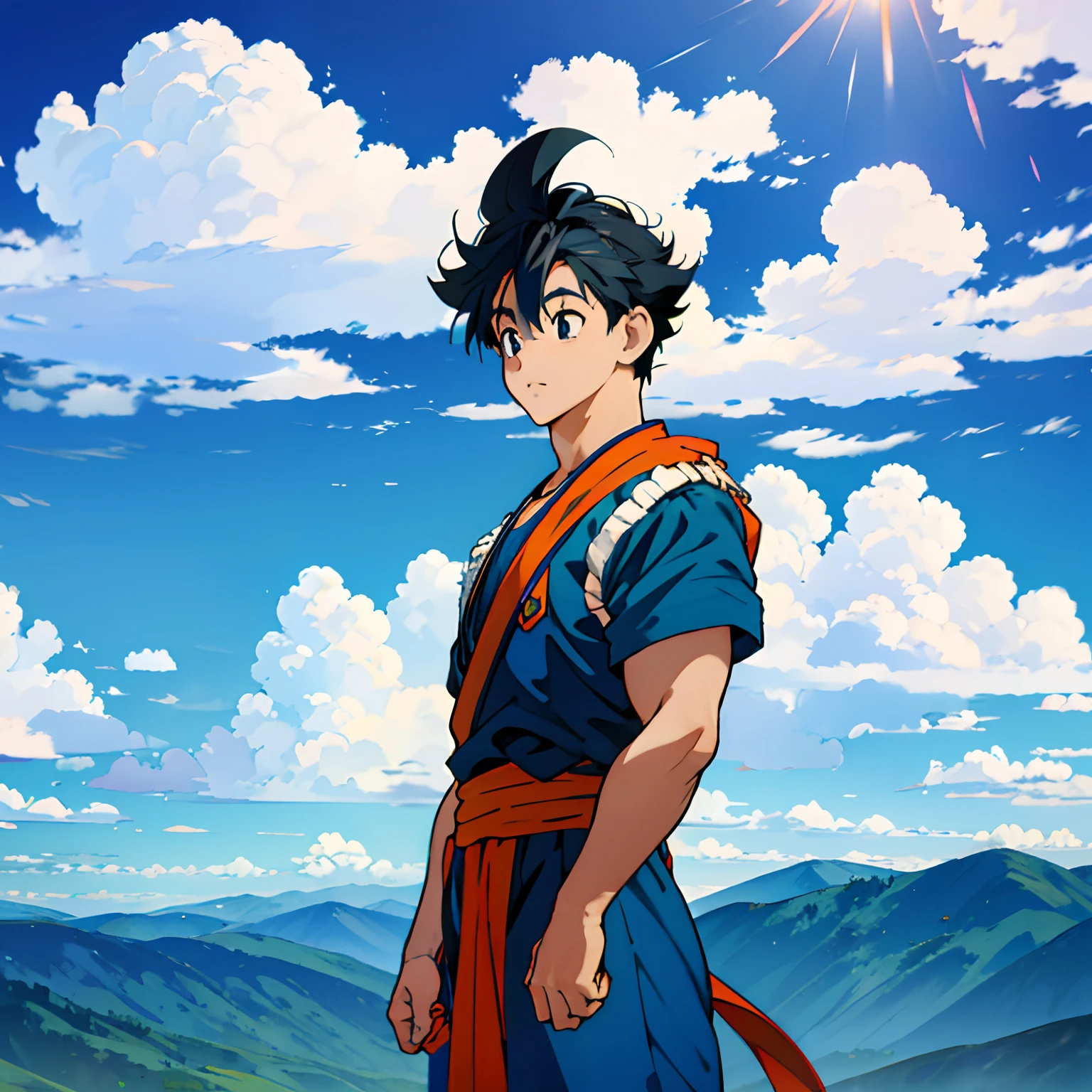 Goku Chibi, 1boys, Male focus, Super Saya people, Goku costume, Solo, sky, Cloud, day, Blue sky, Libido boy, En plein air, Upper body, overcast sky