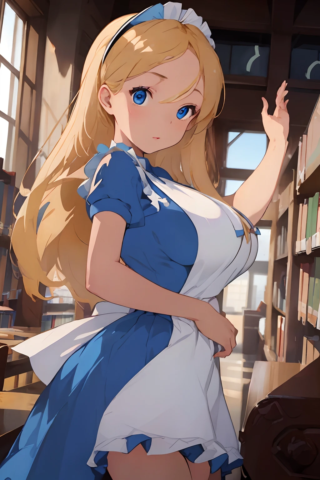 (​masterpiece、top-quality;1.3)、ighly detailed、1girl in、atlibrary、Black Hair Band、Blonde long hair、big breast beauty、Show、a blue dress、White apron