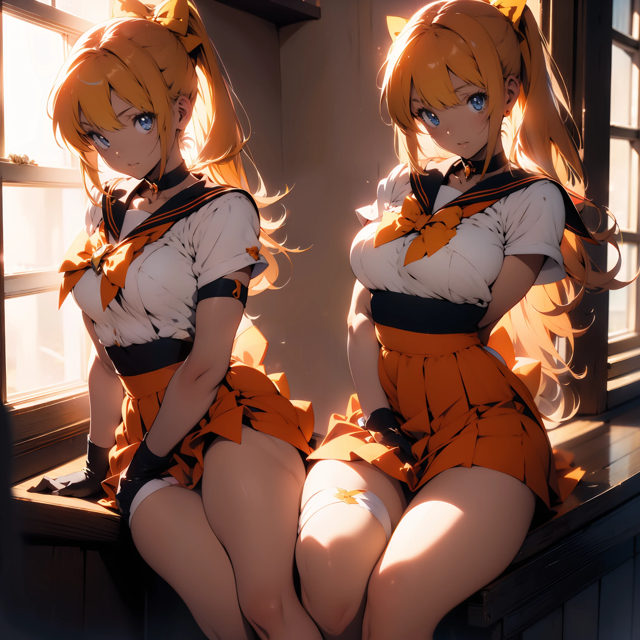 (masterpiece, best quality ) (sailor venus), blonde, sv1, sailor senshi uniform, orange skirt, elbow gloves, orange sailor collar, red bow, orange choker, white gloves, jewelry, blue eyes, visible bellybutton, underboob, sitting on a window sill with a black bra and cuffs, wrapped in leather straps, leather cuffs around wrists, restrained, harnesses and garters, handcuffed, handcuffs, dominant pose, sexy dominant pose,