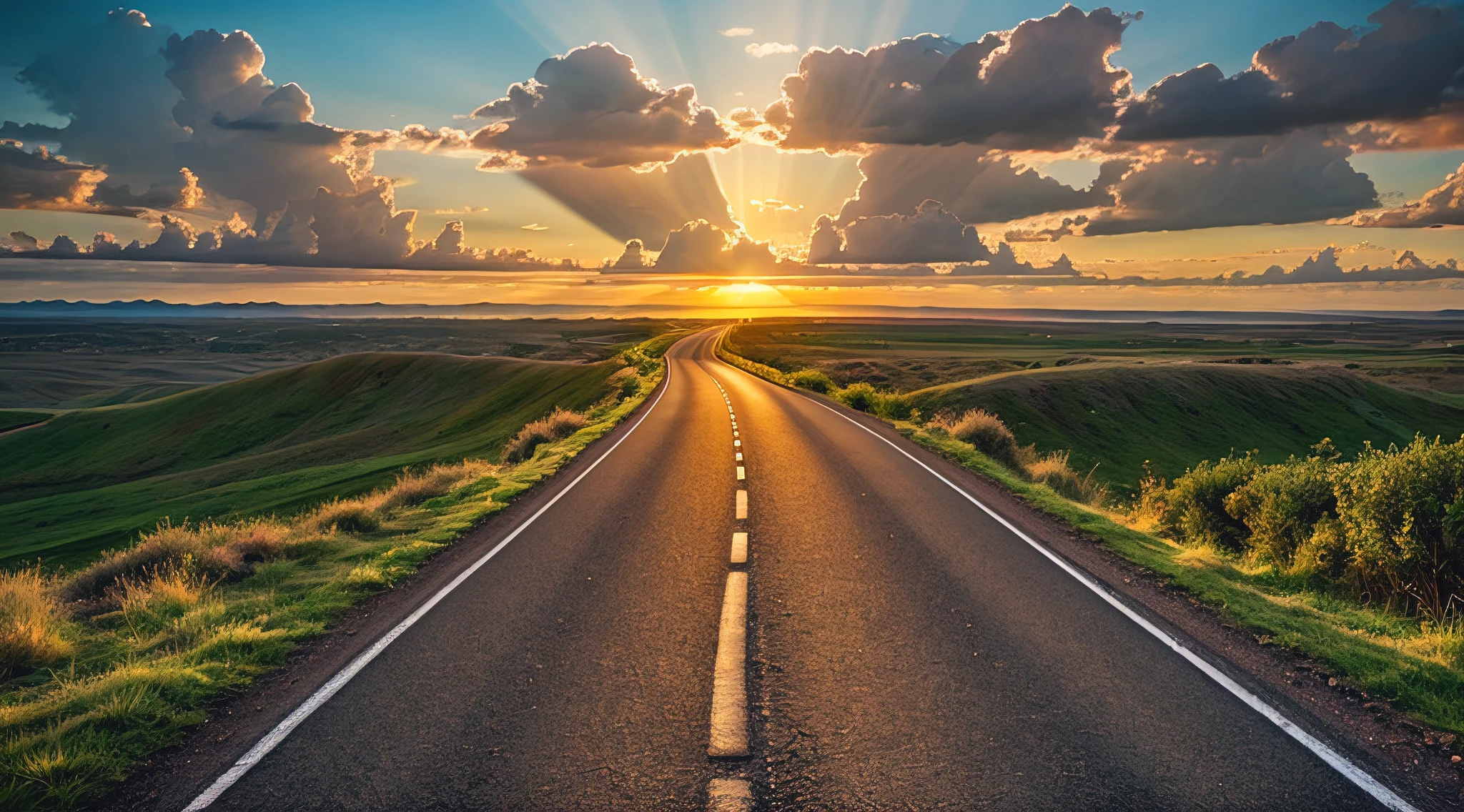 Image of a long and winding road，Bright light leading to the horizon,bright morning，suns rays