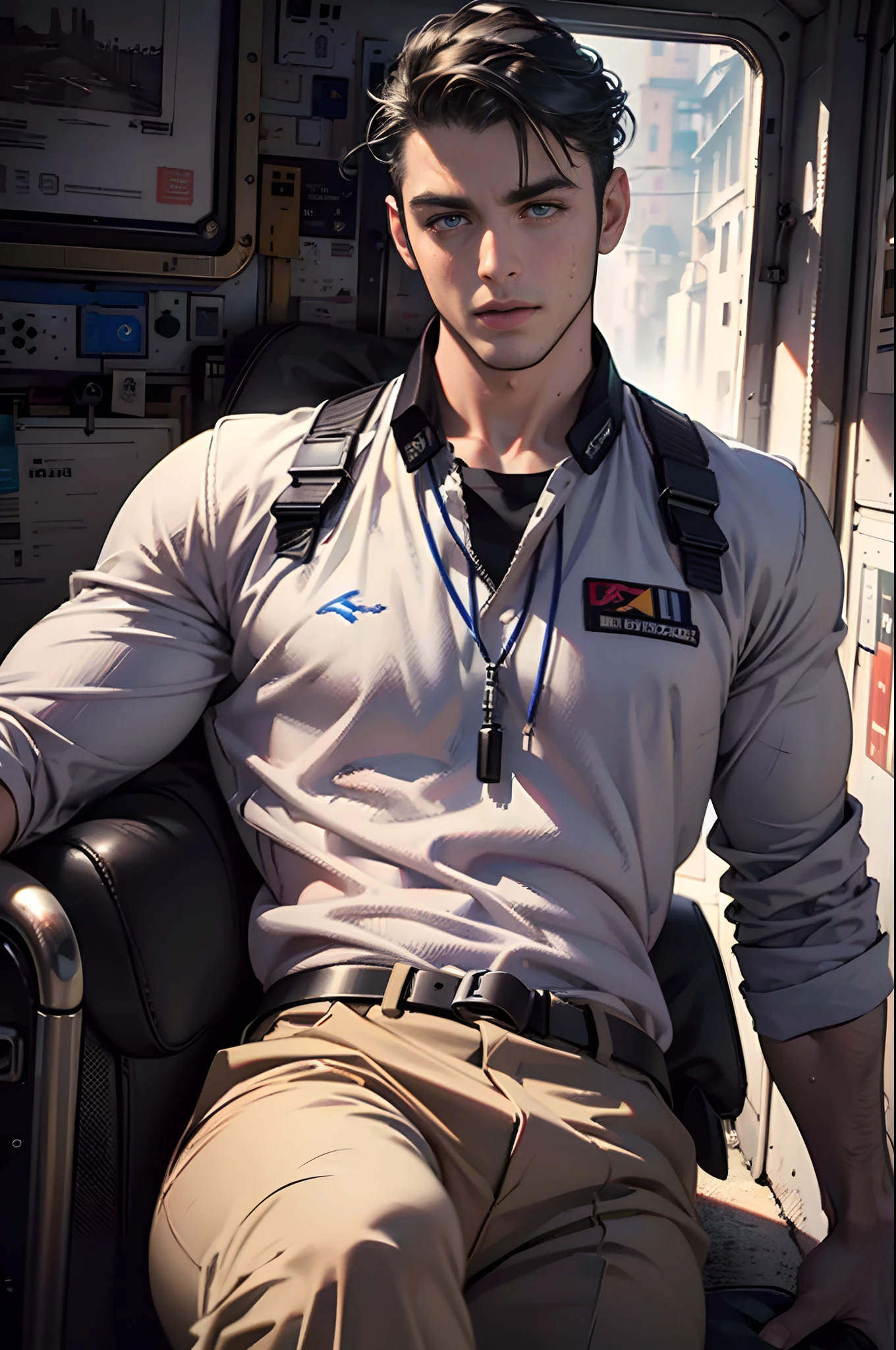 (Best quality,4K,8K,A high resolution,Masterpiece:1.2),Ultra-detailed,(Realistic,Photorealistic,photo-realistic:2), Cyberpunk style heroine, The alpha male is completely naked in the cockpit of the robot, The alpha male lies completely naked in the cockpit of the robot, legs are open, Perfect gaze, The muscular body is covered in sweat, Dirty nails, Rough skin, Exhibit the entire robot cockpit, Handsome face, High-tech, The driver of the robot, Intricate, Daring, tack sharp focus, photography of:Greg Rulkhovsky, Soft lighting, Vibrant colors, Masterpiece."