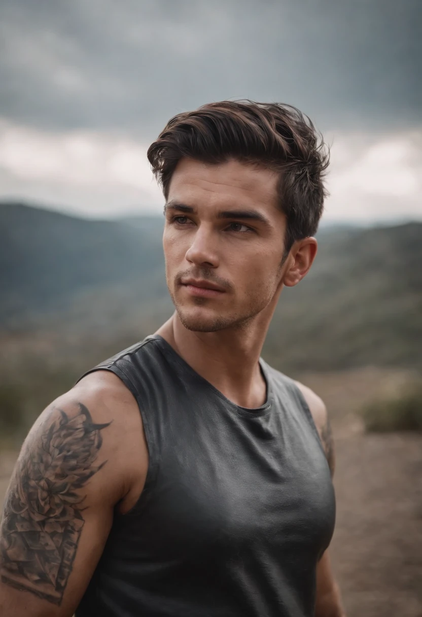 Homem Piloto de rally, cabelo preto, Tattoos on the arm