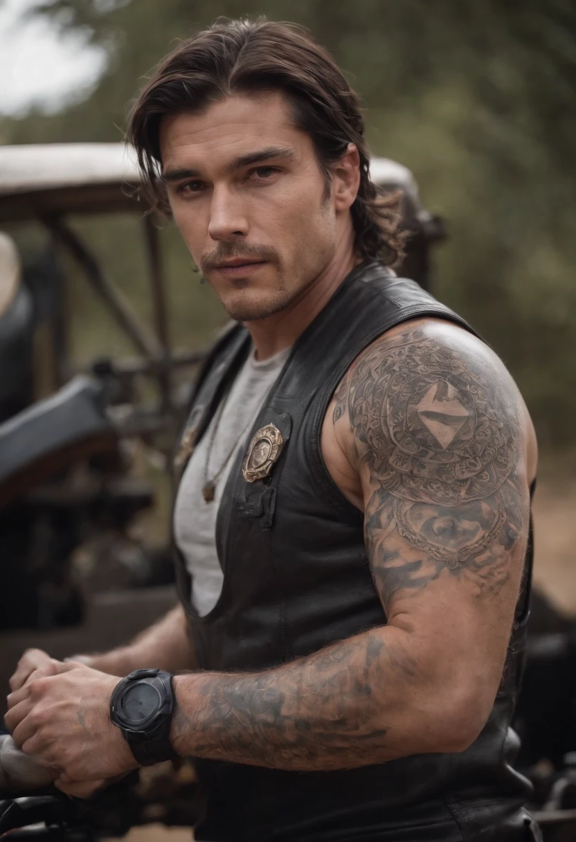 Homem Piloto de rally, cabelo preto, Tattoos on the arm