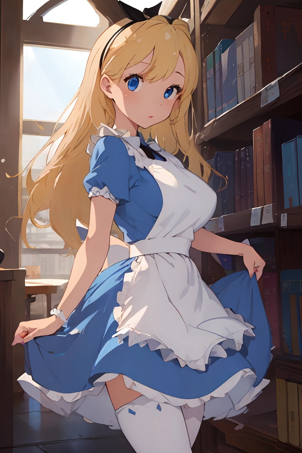 (masterpiece、top-quality;1.3)、ighly detailed、1girl in、atlibrary、Black Hair Band、Blonde long hair、big breast beauty、Show、a blue dress、White Apron、a miniskirt、Show your pants